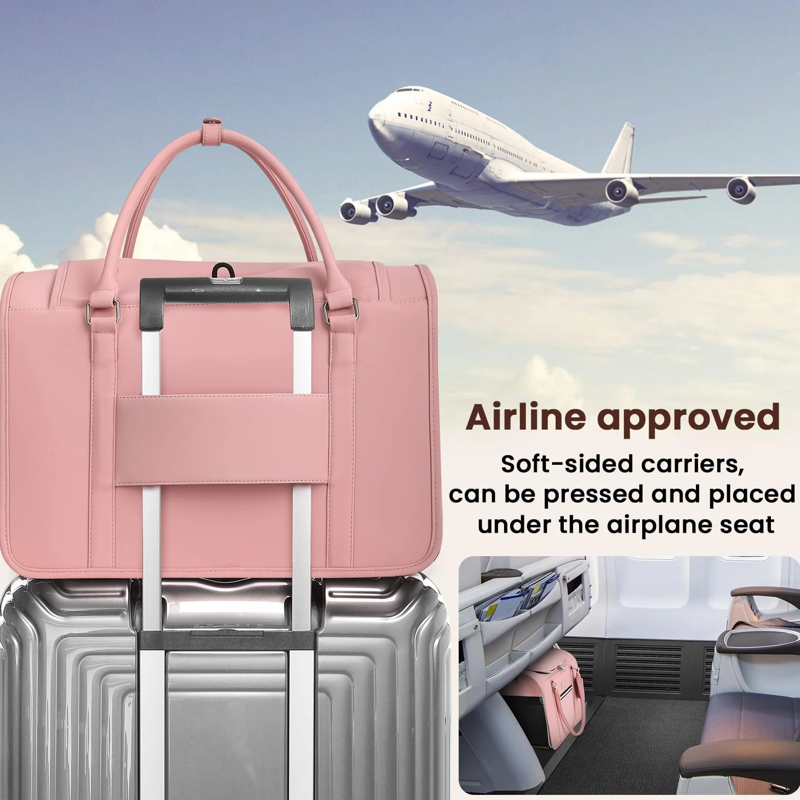 Pecute Sac de Transport pour Chat 42x28x30 cm, Approuvé pour Avion, Rose