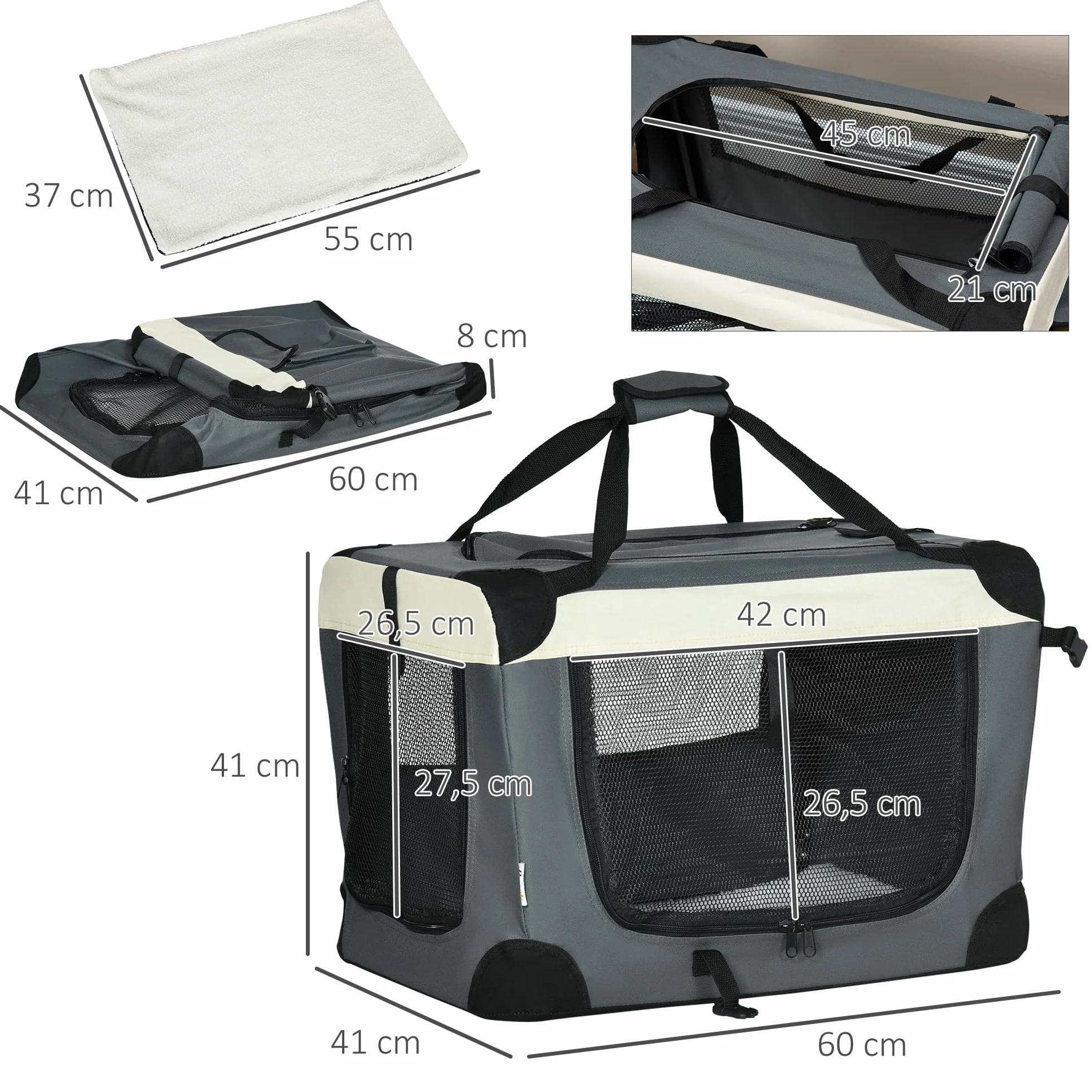 PawHut Panier de Transport pour Animal de Compagnie Pliable Portable Ouverture Supérieure Tissu Maille Respirant Gris Noir