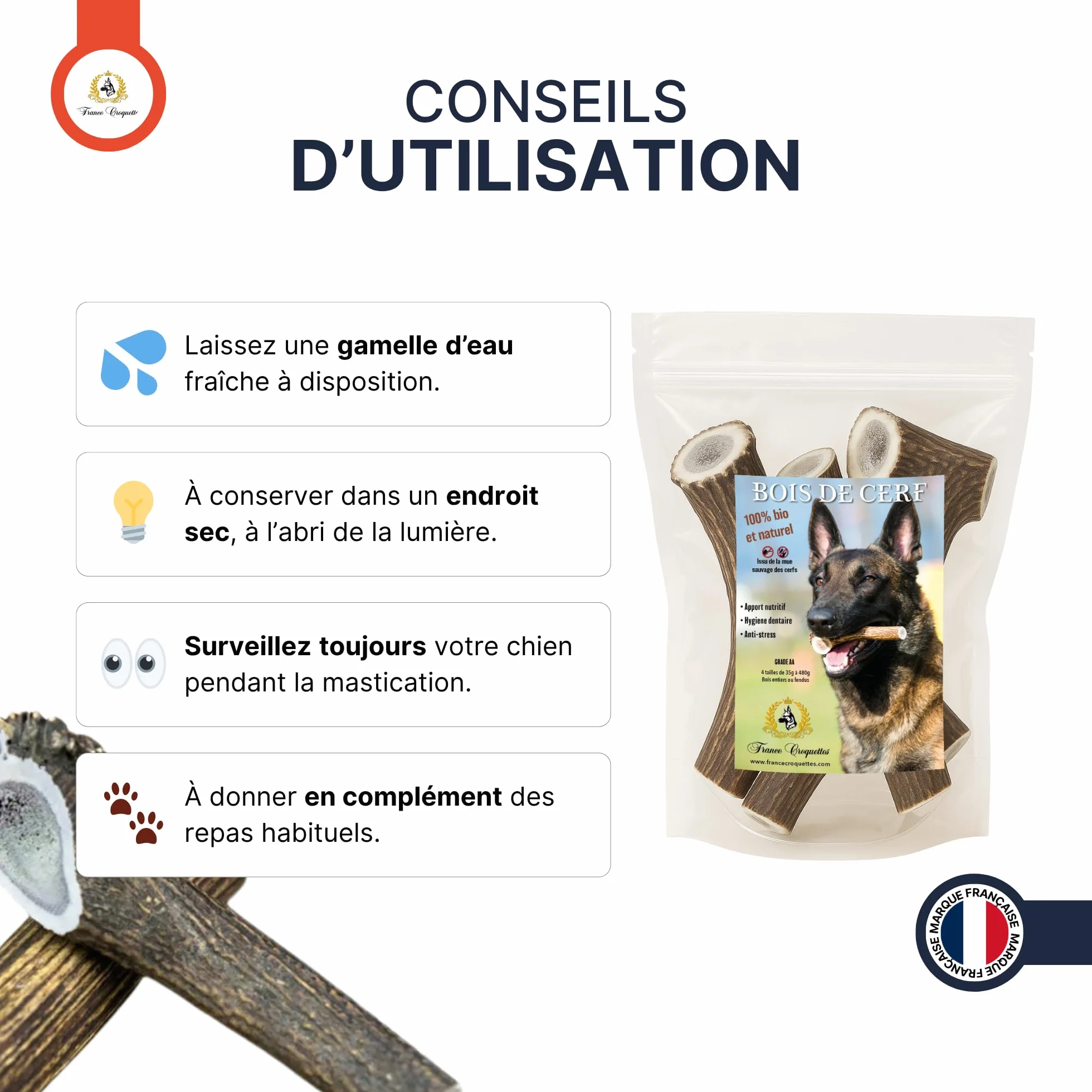 Bois de Cerf M Entier 60-100 g pour Chien Moins de 20 kg, Friandise Naturelle à mâcher Longue Durée
