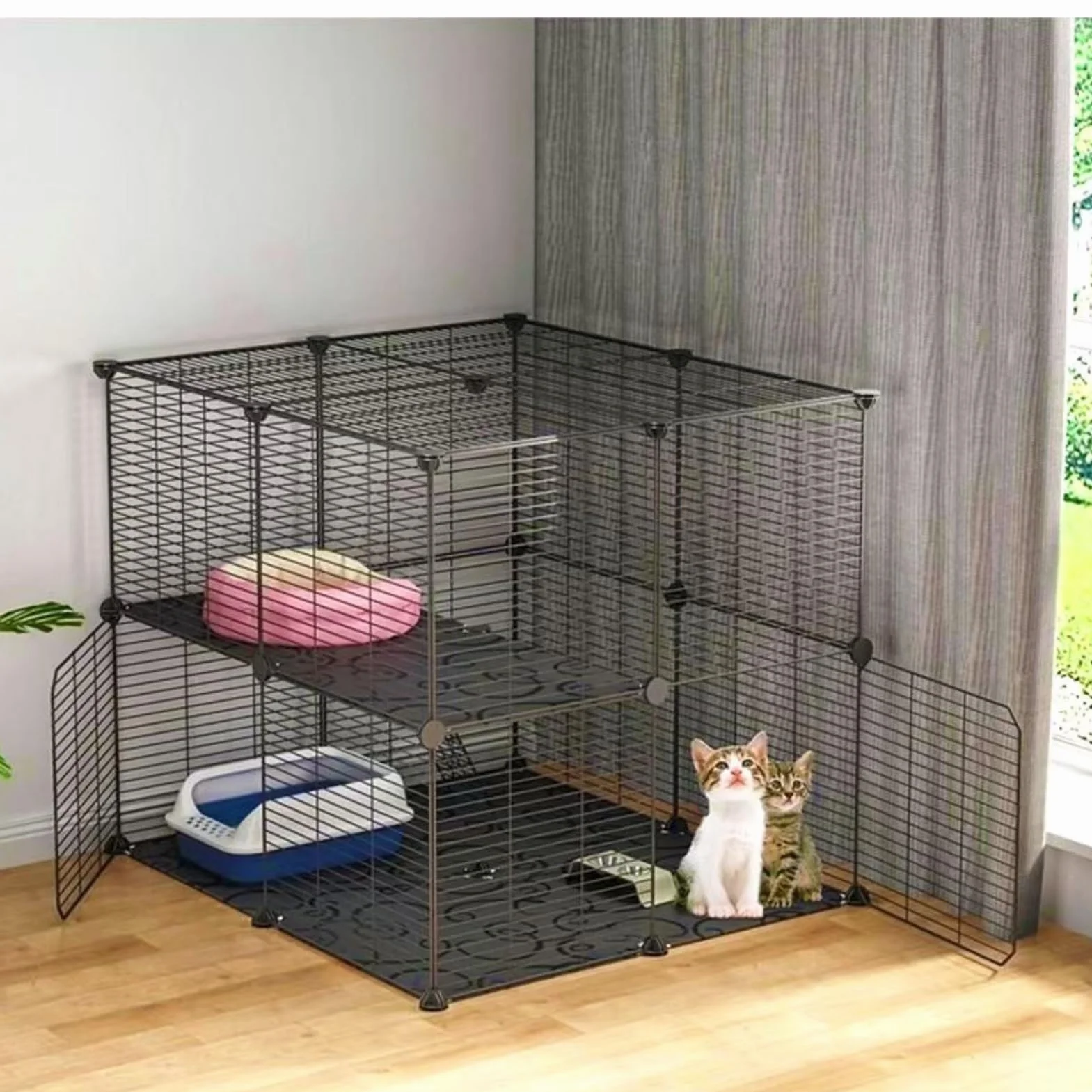 Enclos d'intérieur pour Chat 2 Niveaux avec Fil métallique Dense Taille 70 x 70 x 70 cm Noir