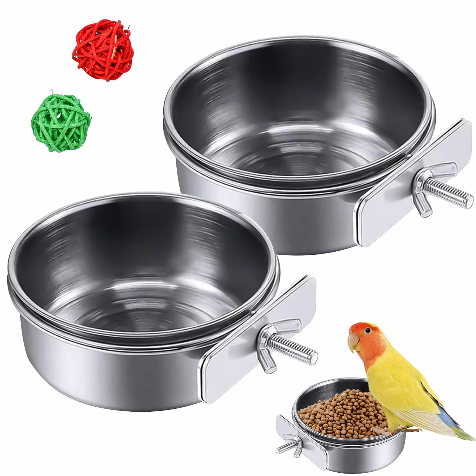 Mangeoires en Acier Inoxydable pour Oiseaux, Mangeoire Suspendue pour Cage à Perroquets avec 2 Boules de Rotin