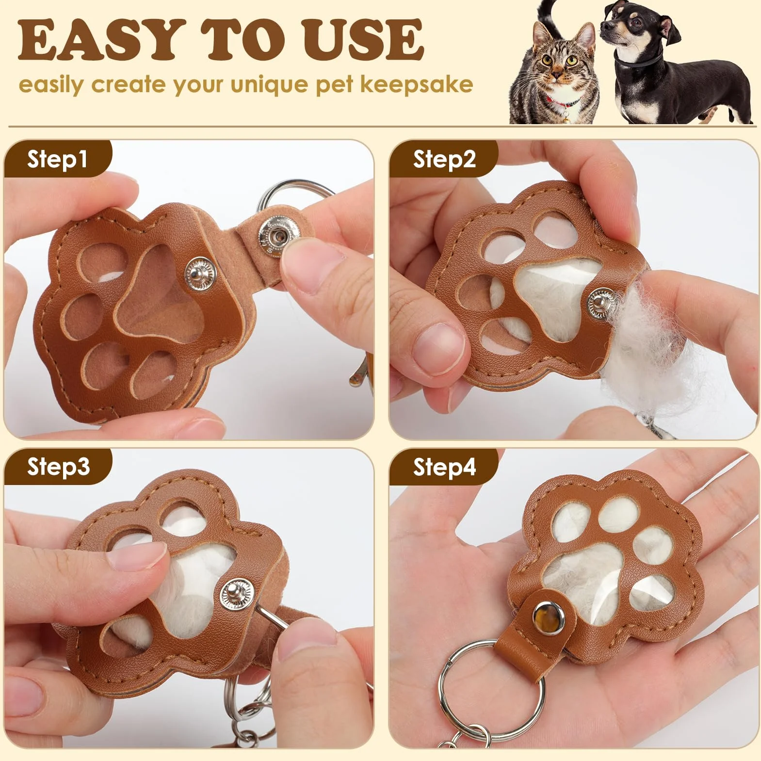 Kiiwah 2 Pièces Porte Clef en Forme de Patte Souvenir Chien Chat Décédé Personnalisée Collecteur Poils (Marron + Blanc)