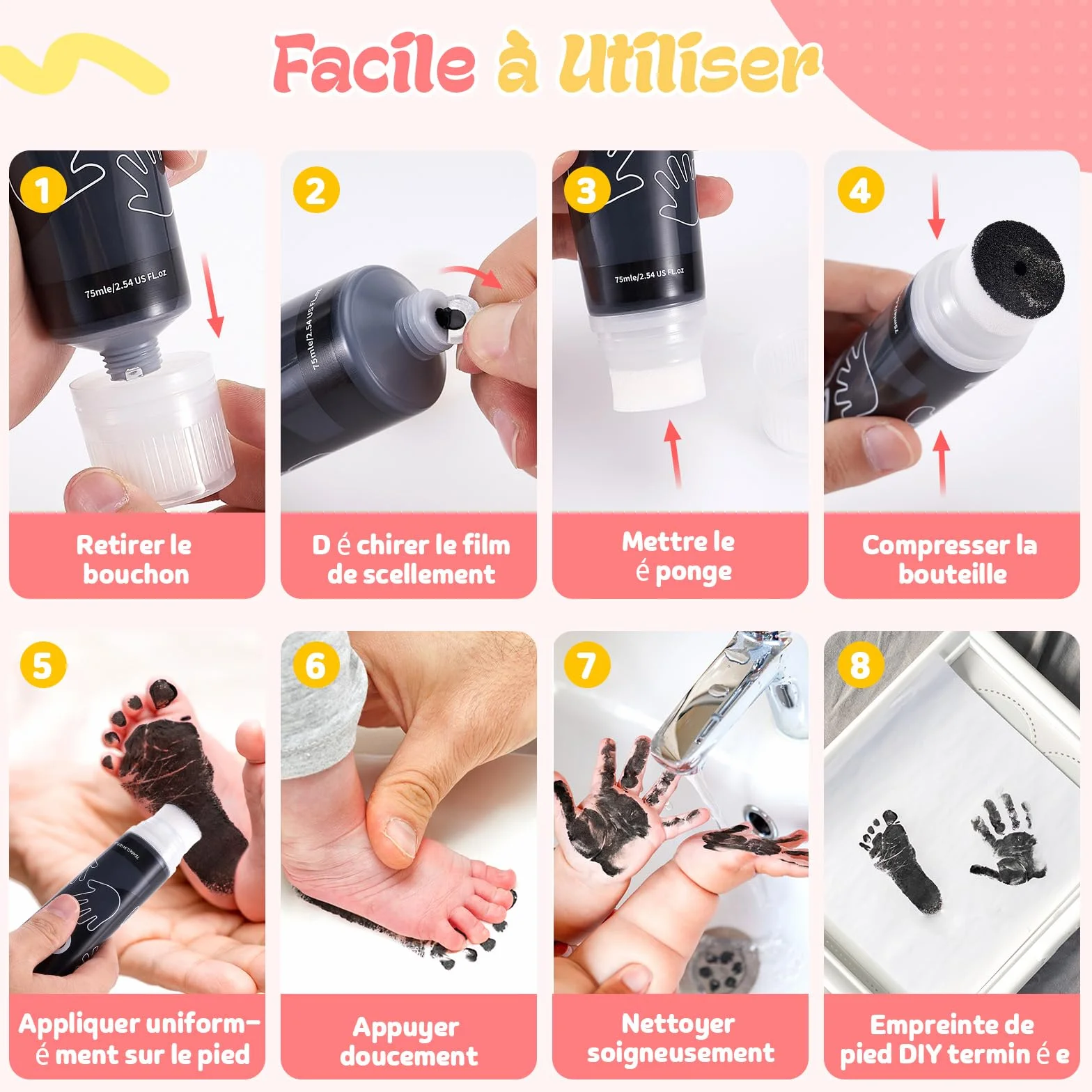 Kit Empreinte Pieds et Mains Bébé Clean Touch Tampons Nouveau-nés Cadeau Souvenir (75ml Noir)