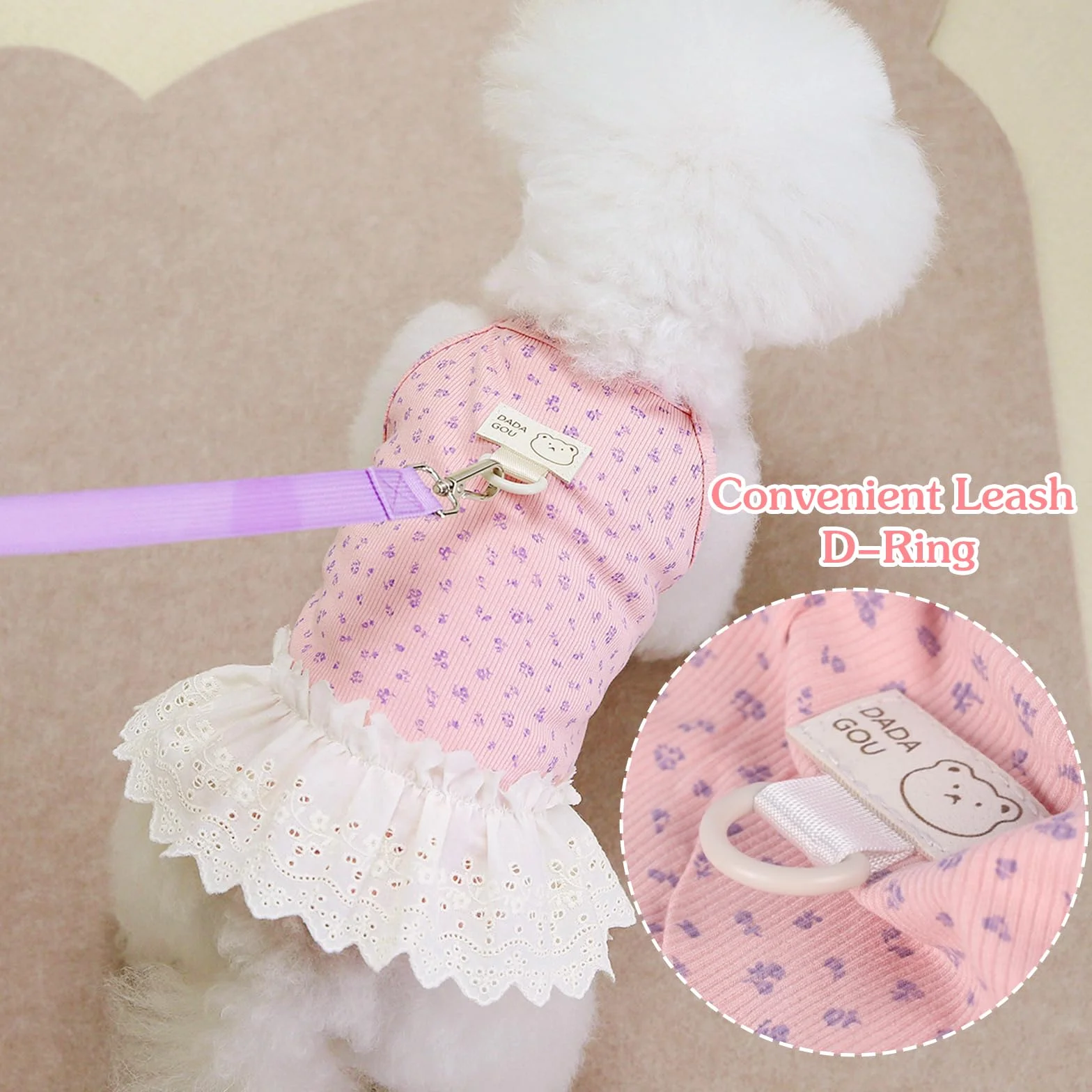 Robe d'été pour chien et chat petite et moyenne taille sans manches avec anneau en D rose XL (4,2 à 6 kg)