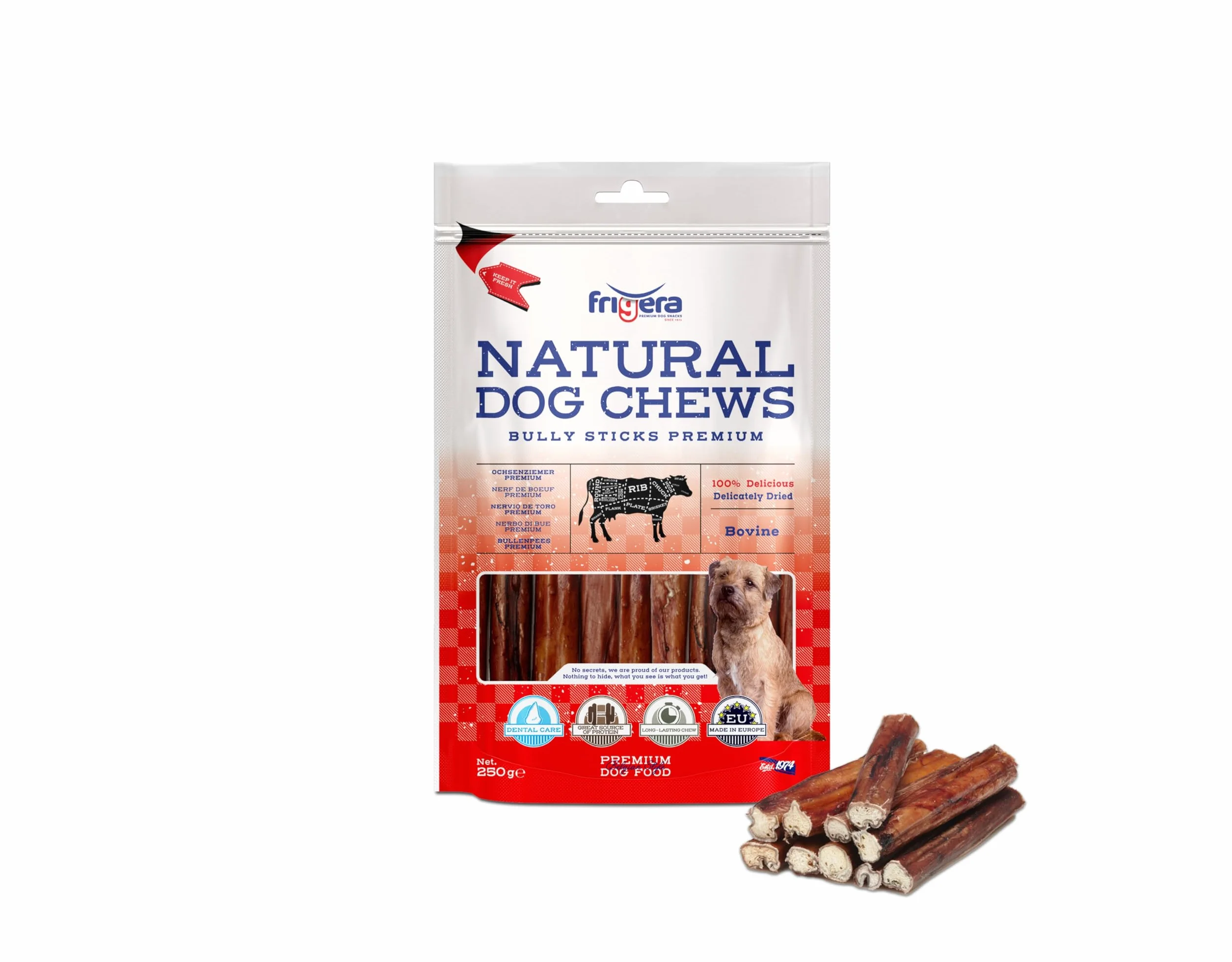 Frigera Nerf de Boeuf 15cm 250g Friandises Naturelles Riches en protéines pour Chiens sans Gluten ni céréales