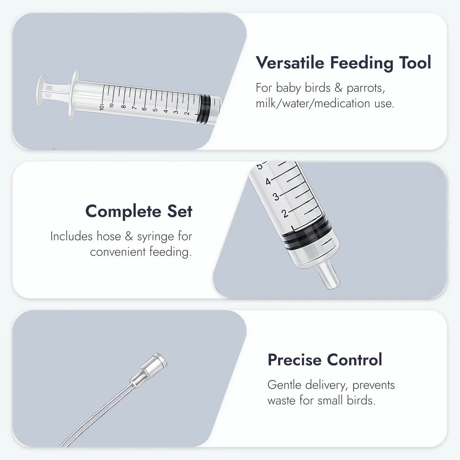 Kit Sondes d'Alimentation pour Oisillons 4 Seringues 10ml Sans Aiguille 10 Tubes Souples 8cm Diamètre 2mm