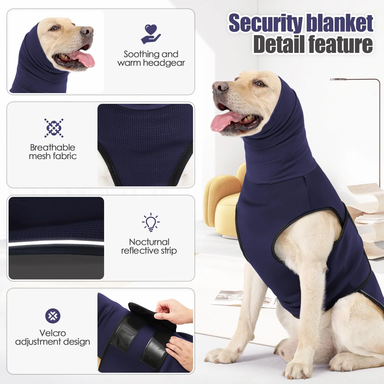 Veste Anti-anxiété pour Chien avec Cache-Oreilles et Capuche - Manteau Réfléchissant réglable Bleu foncé L