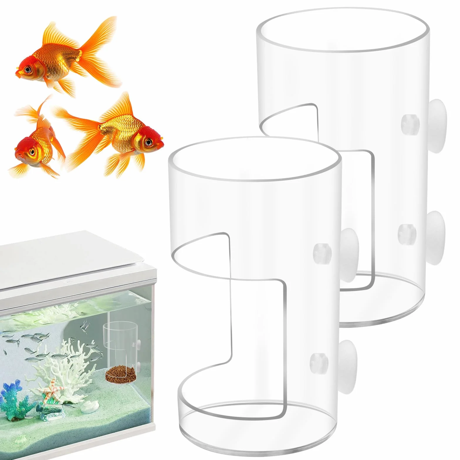 Lot de 2 mangeoires Rondes pour Poissons d'aquarium avec Ventouse, Tube d'alimentation, séparateur de réservoir, boîte d'élevage, Bols à Poissons, Accessoires pour Tortues et crevettes