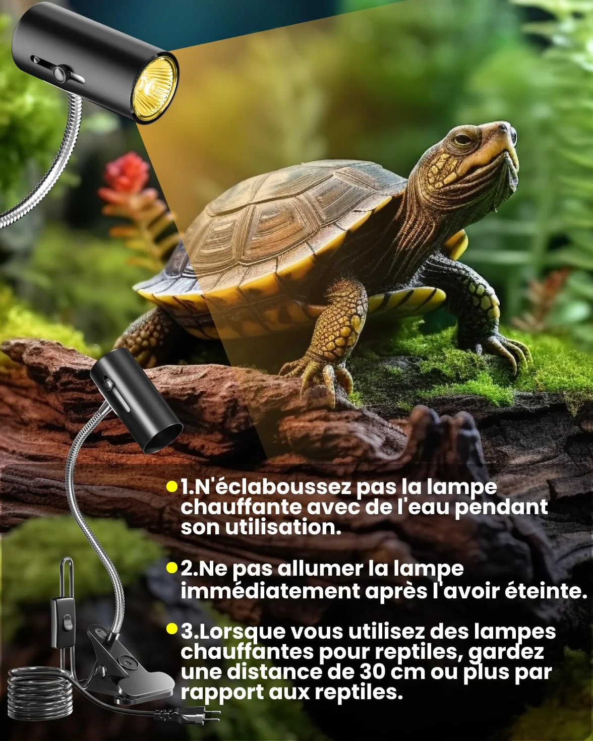 Lampe Chauffante Reptiles Tortue UVA UVB 50W E27 avec Douille Flexible 360° Rotation