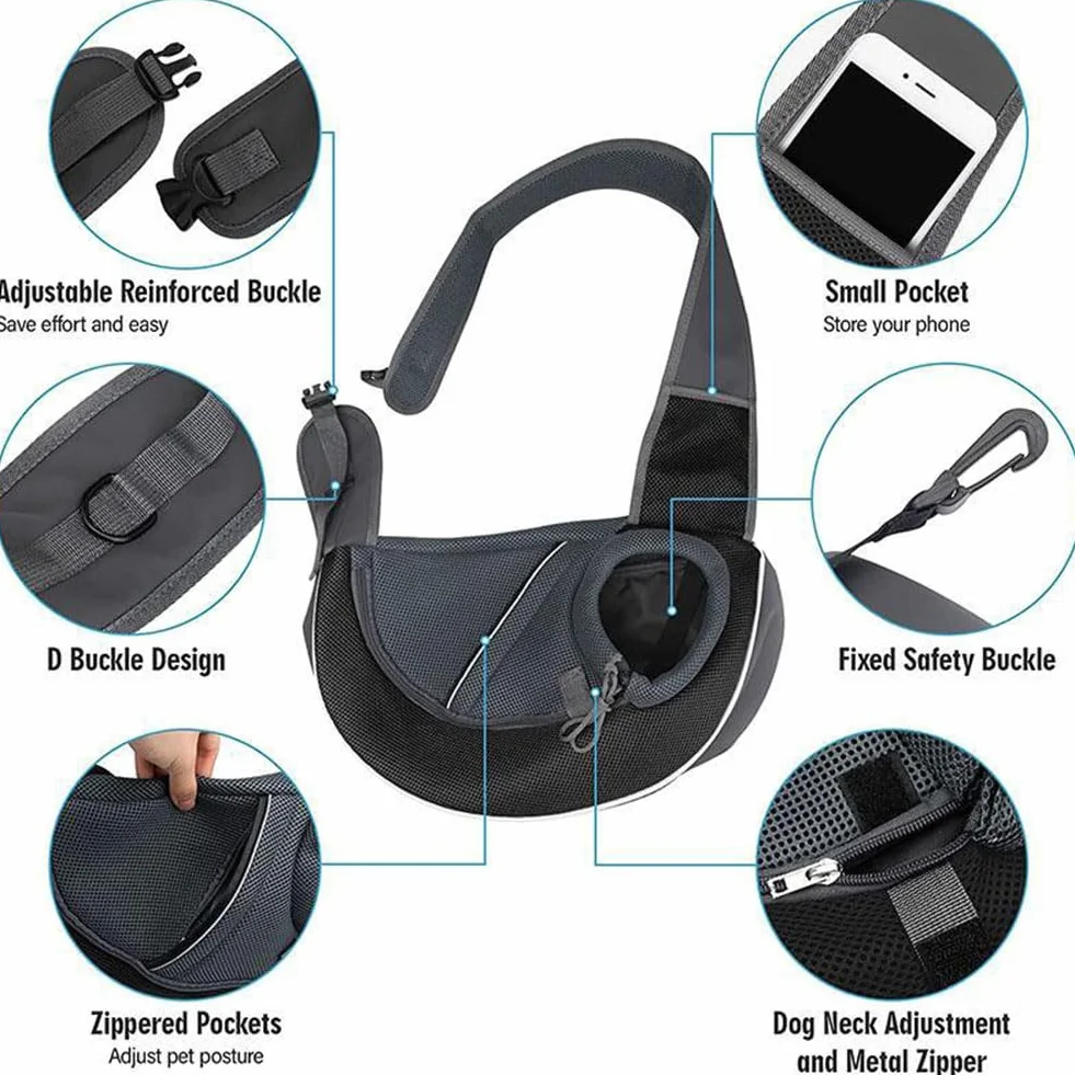 Sac à Bandoulière pour Petit Chien Réglable Sac de Transport de Chien Chat en Maille Respirant Sac de Voyage pour Animaux Mains Libres Porte-bébé de Chiot Portable avec Poche pour Extérieur
