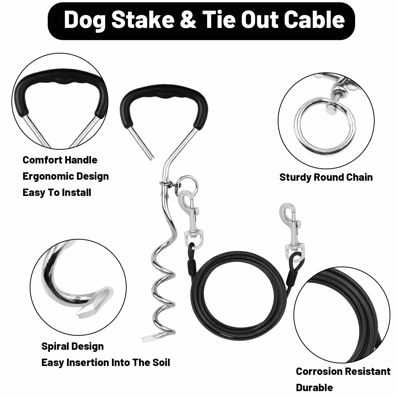 Laisse Chien 3m avec Crochet Pivotant 360° pour Extérieur Camping, Jusqu'à 125 lbs Noir