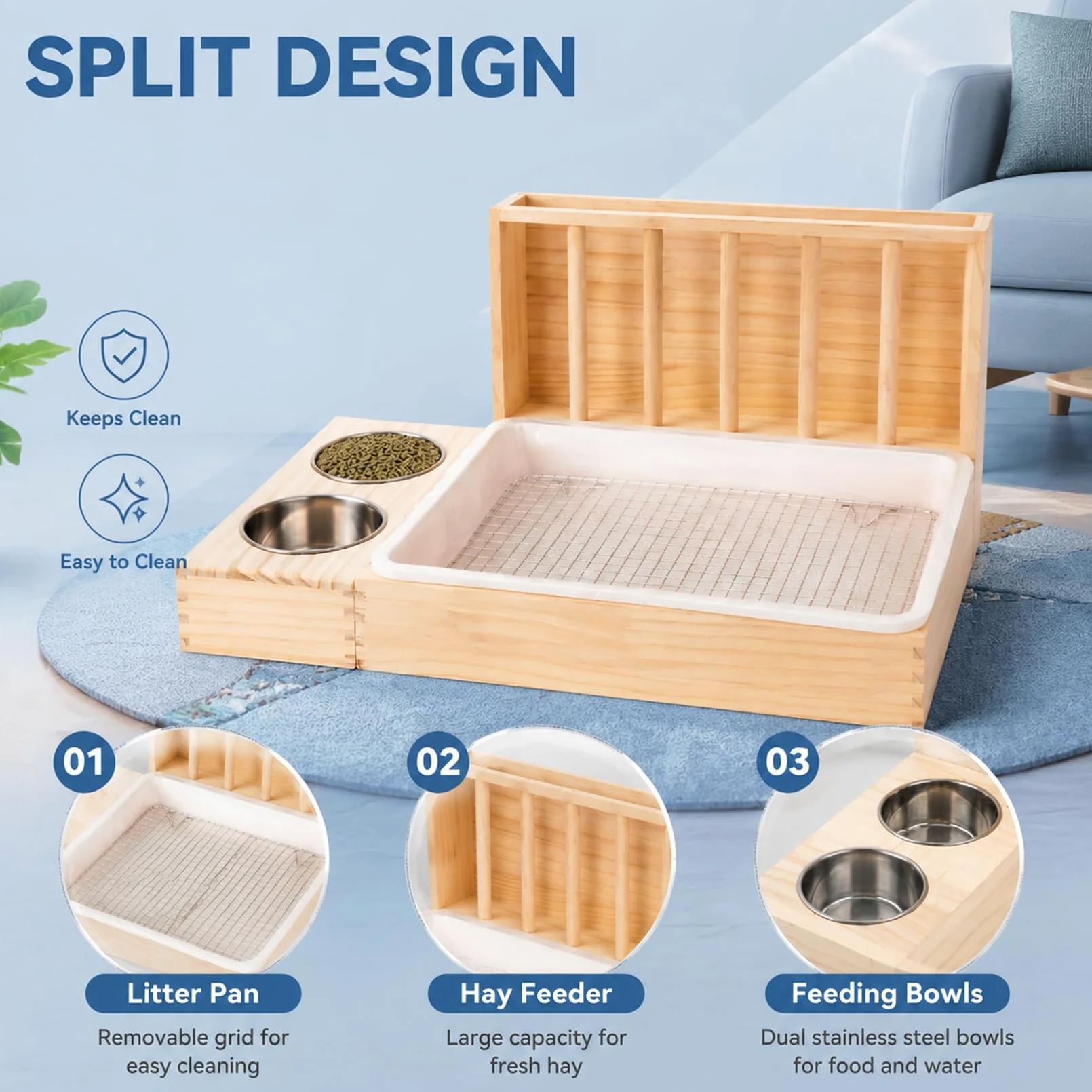 Râtelier à Foin Viridux pour Lapins, râtelier à Foin en Bois 3 en 1 | avec grille en acier inoxydable et outil de nettoyage, distributeur automatique de nourriture