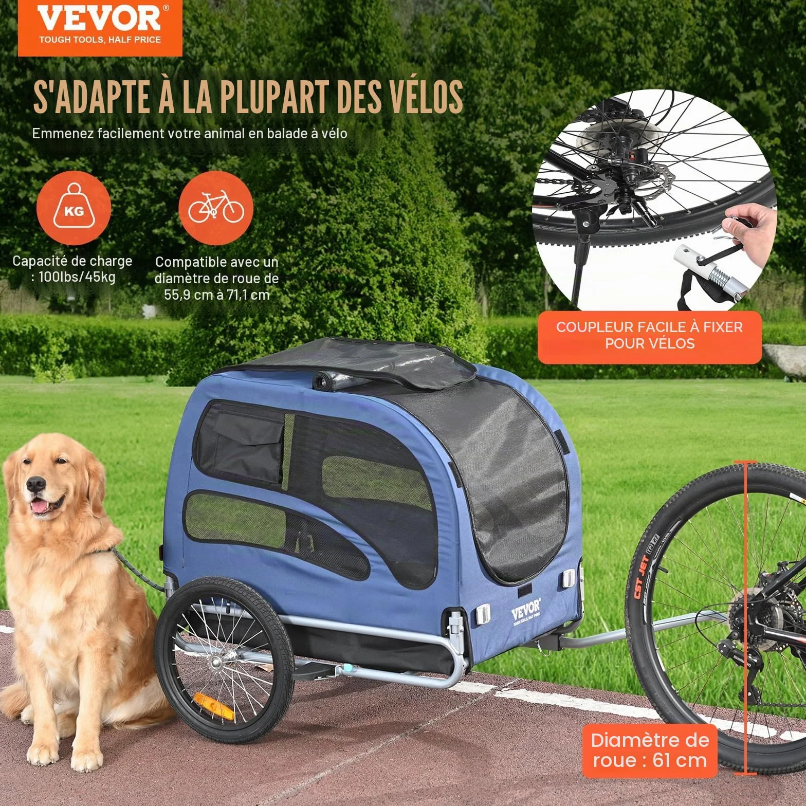 VEVOR Remorque de vélo pour Chien 30 kg Acier au Carbone Tissu Oxford 600D Pliable 1440 x 720 x 779 mm Orange Gris