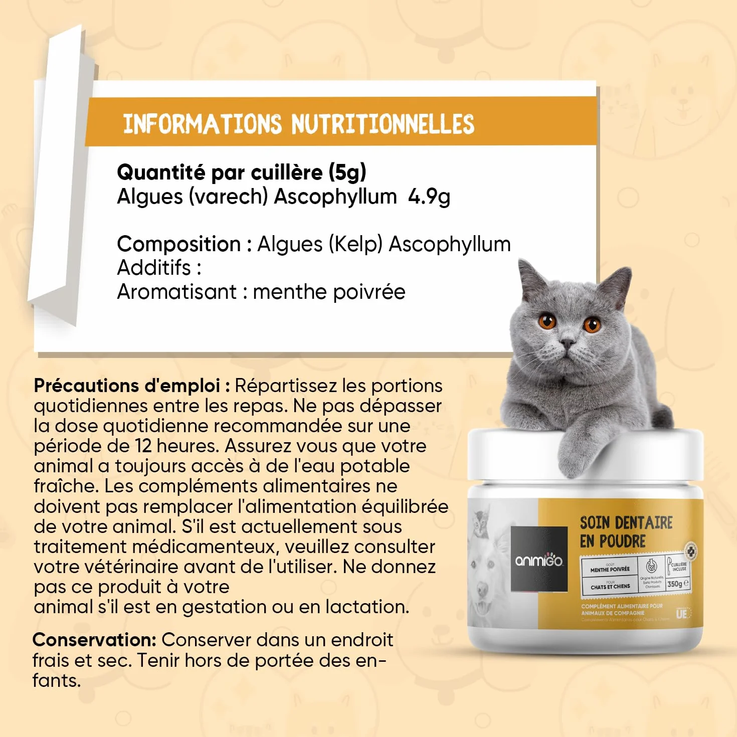 Poudre Soin Dentaire Chien et Chat 350g - Algues Varech Anti Tartre, Plaque Dentaire & Mauvaise Haleine Chien - Nettoyage des Dents Détartrage Efficace À La Menthe Poivrée - Hygiène Bucco-Dentaire