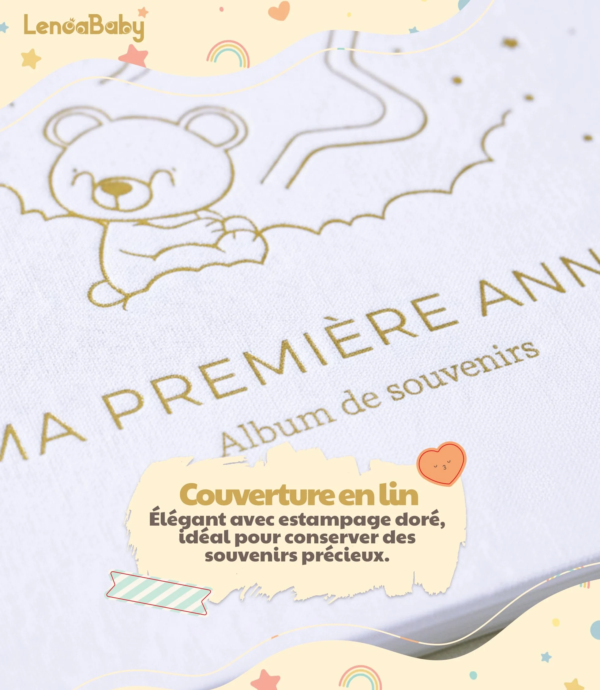 Livre de Naissance Bébé Ma Première Année avec Couverture en Lin 75 Pages Autocollants Album Photo Cadeau