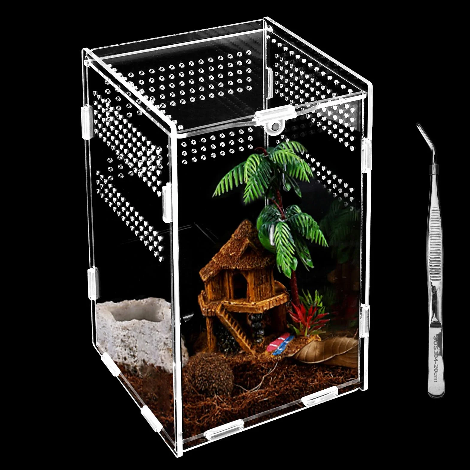 Terrarium Acrylique 20x12x12cm Boîte Alimentation Insectes Pinces Coude Anti-Évasion Portable