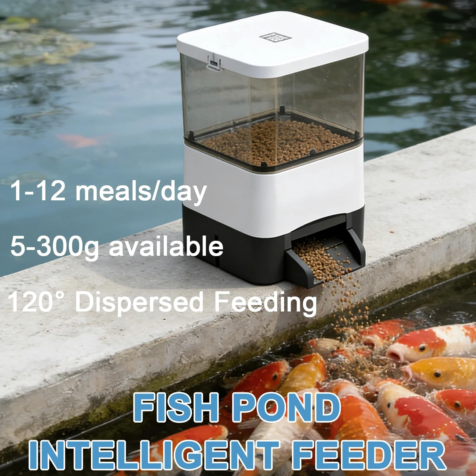Mangeoire automatique pour poissons koï et poissons rouges, 10 L, étanche, avec minuterie, design résistant à la pluie et au soleil, batterie de secours, réglable 1 à 12 fois/jour