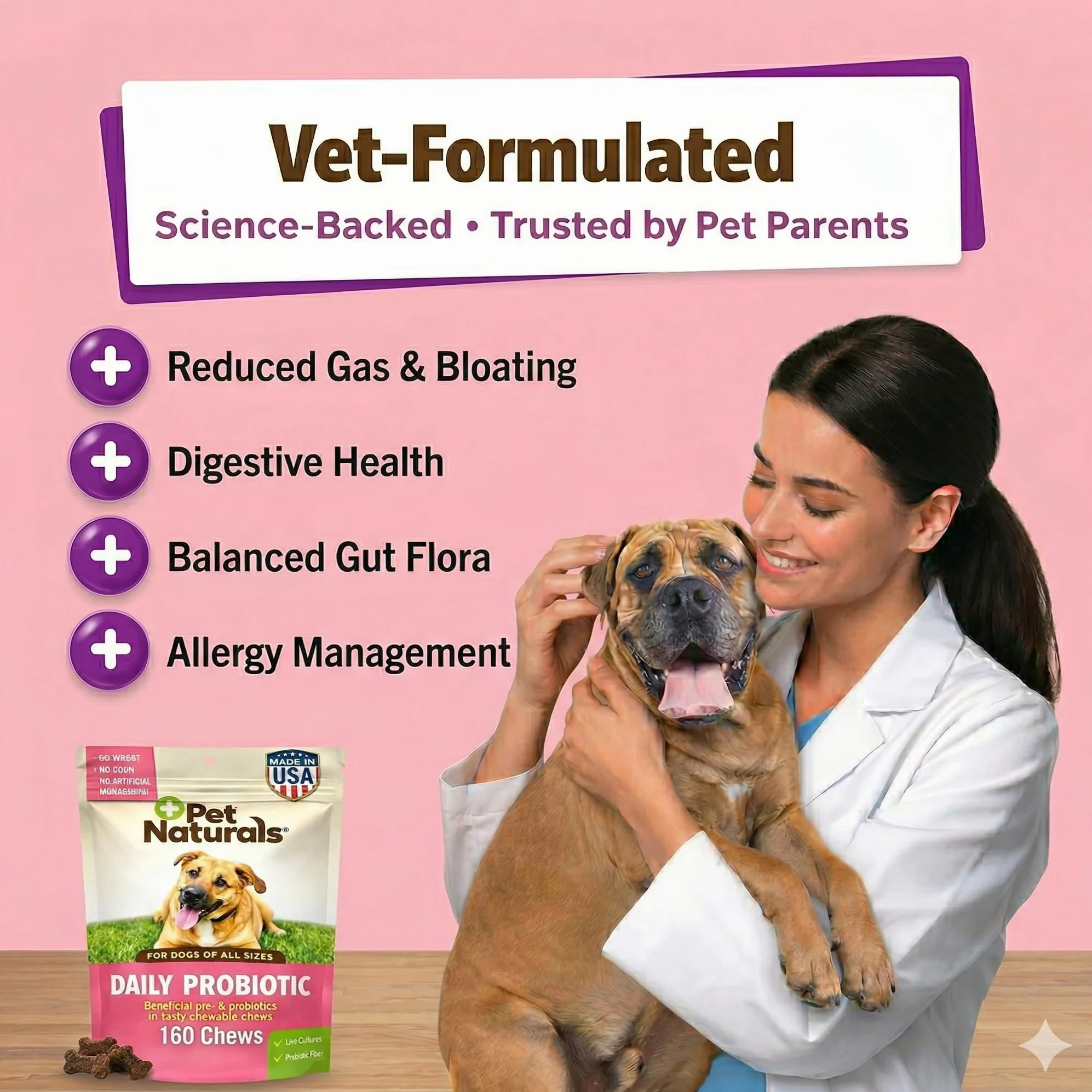 Pet Naturals Probiotiques Quotidiens pour Chiens, saveur Canard, 160 friandises à mâcher – 120 M UFC pré-et probiotiques pour la santé Digestive, la santé intestinale, Le Soutien immunitaire, la