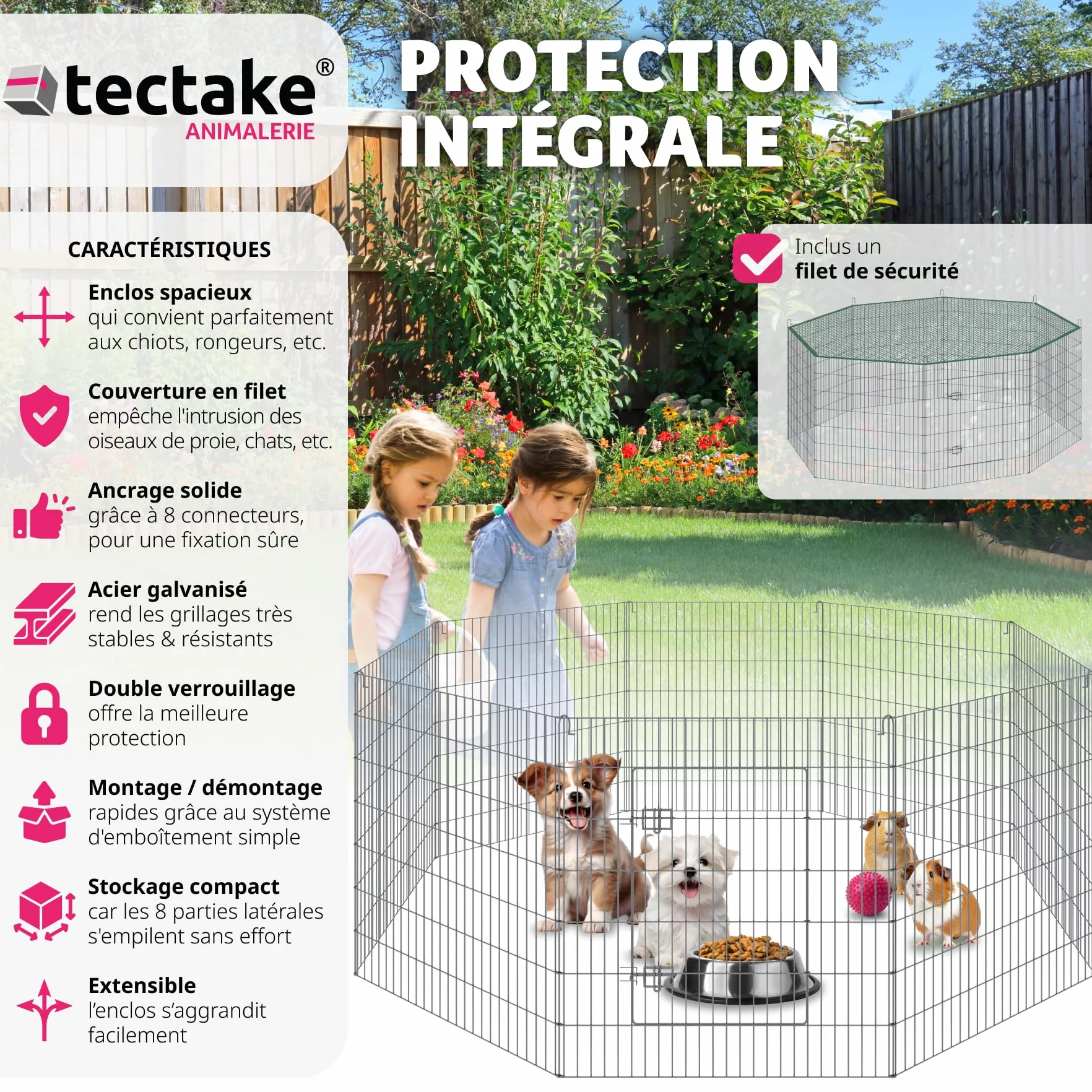 Tectake Parc pour Chien 8 pièces Grille, Porte Sécurité Double Fermeture, Clôture Extensible 204x204x93 cm