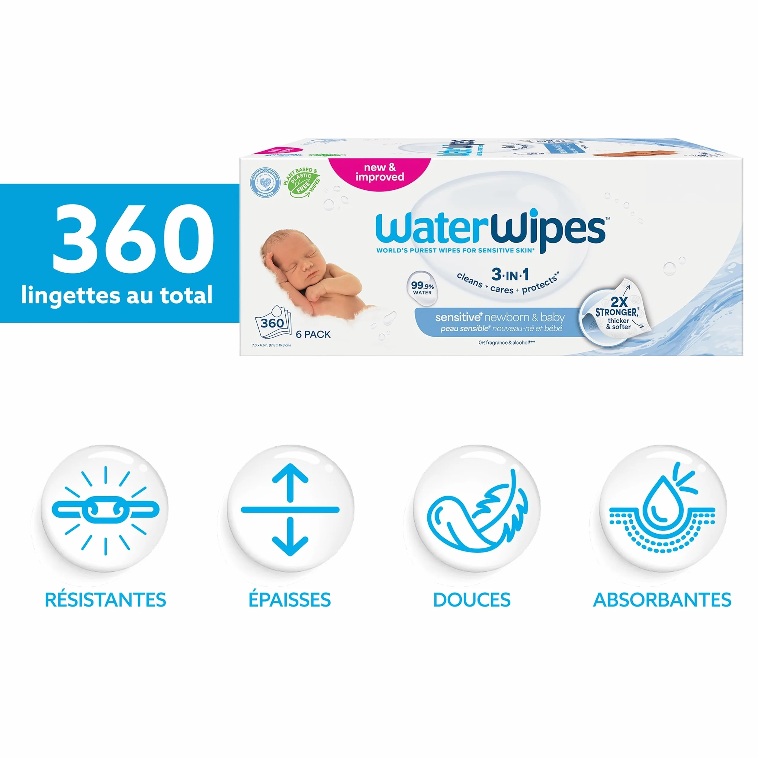 WaterWipes Sensitive+ Lingettes Bébé 360 unités (6 paquets) 99,9% eau non parfumées
