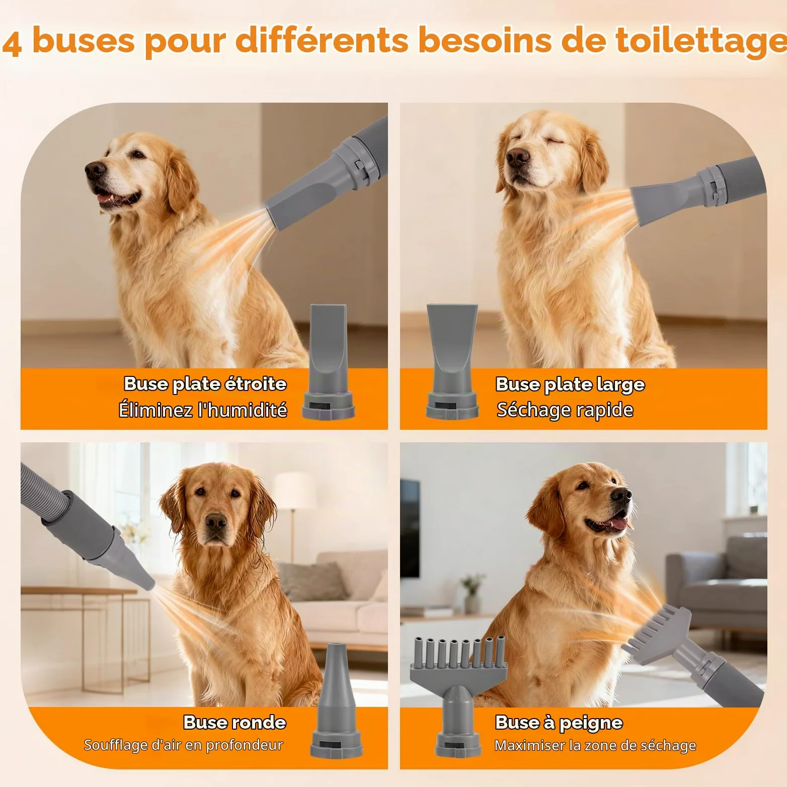 Sèche-chien 3200 W pour animaux de compagnie avec 7 vitesses, souffleur avec 4 embouts, sèche-cheveux pour chien avec fonction air chaud et froid, kit de toilettage pour chiens et chats