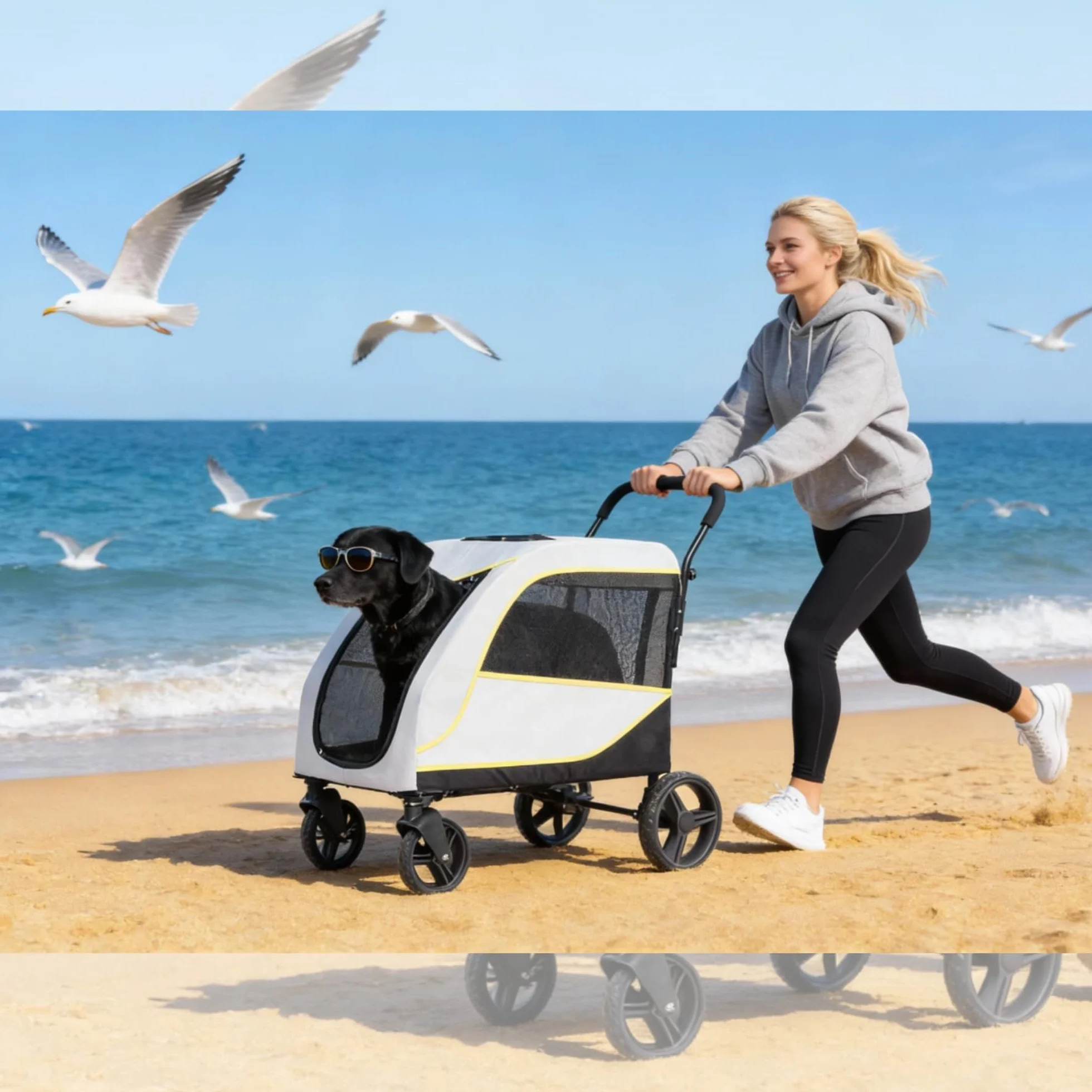 Poussette pour Chien Chat, Charge 60 kg, Chariot de Transport Pliable 4 Roues avec Double Frein, Laisse de Sécurité, Portes Avant et Arrière pour Accès Facile, Coussin et Poches, Résistant