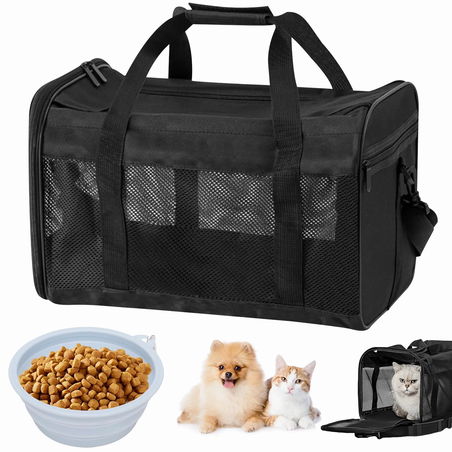 Sac de transport pliable pour chat et chien avec gamelle d'eau, bandoulière, 42 x 27 x 28 cm