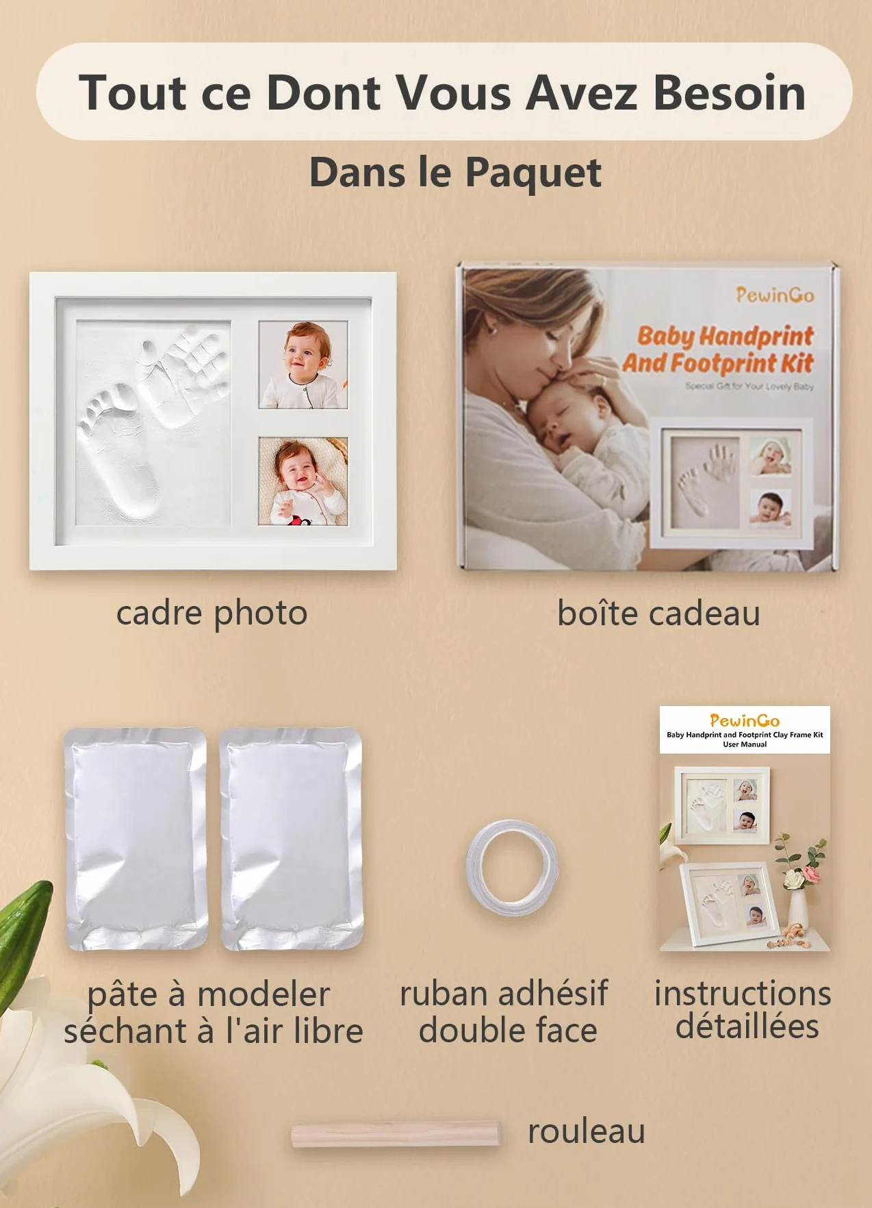 Cadre Empreintes Bébé Kit Empreinte Pieds et Mains Personnalisé Cadeau Nouveau Né Naissance Blanc