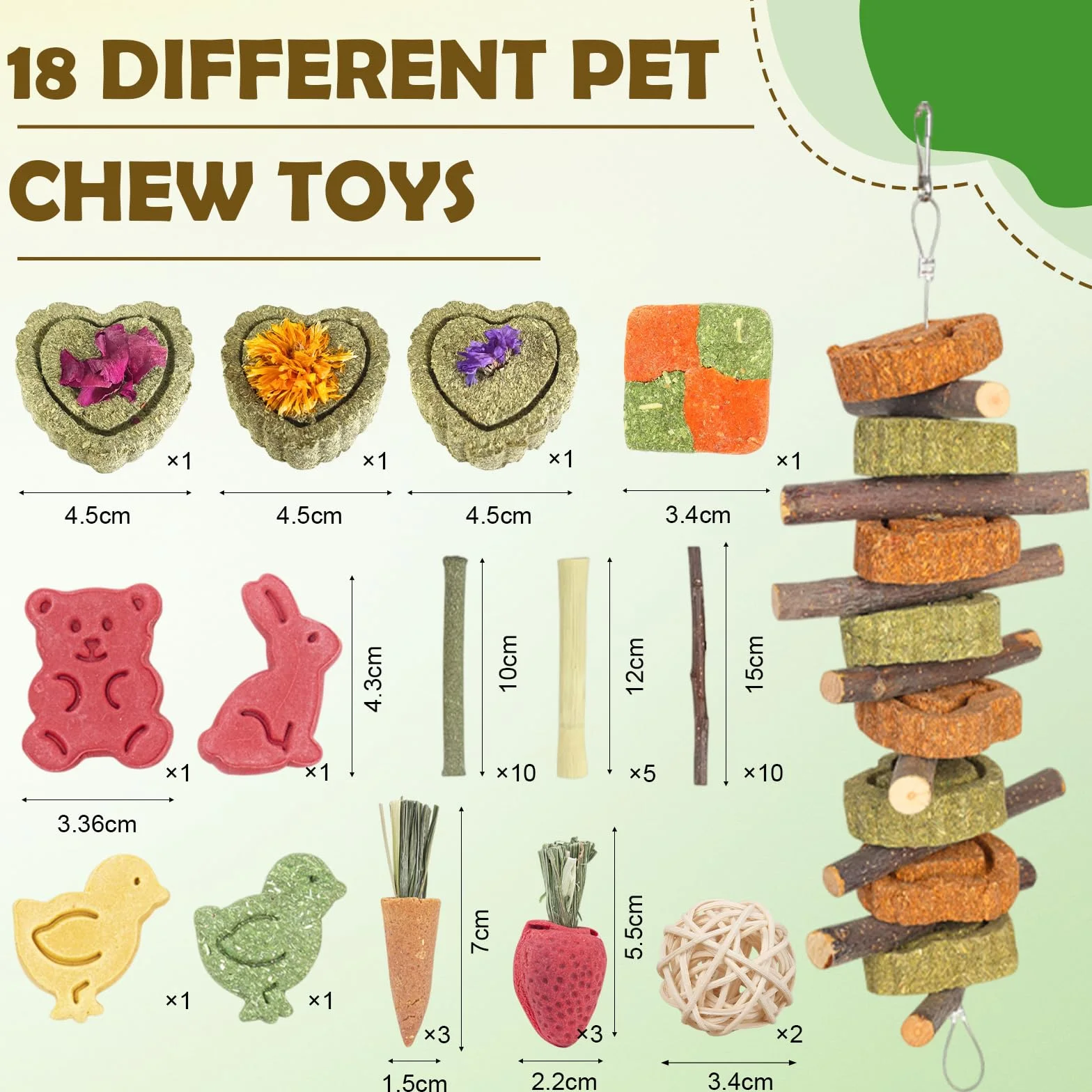 Lot de 42 Jouets pour Lapin, Hamster, Cochon d'Inde et Chinchilla, Bâtonnets de Foin de Timothée en Bois de Pomme