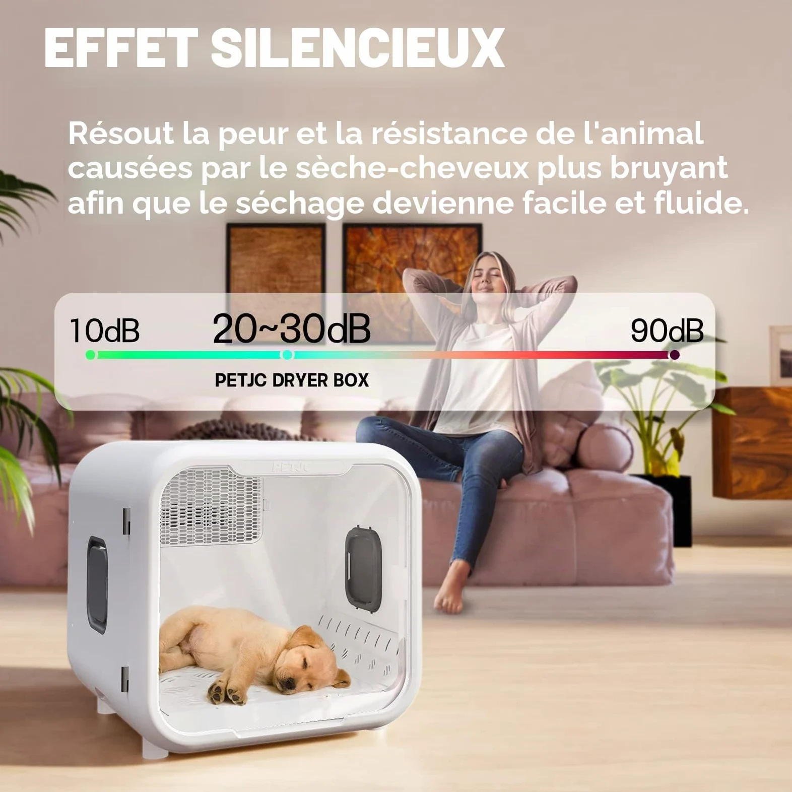 PETJC Sèche-Cheveux Automatique pour Chat et Petits Chiens, 71L Grande Capacité, Contrôle Intelligent de la Température,boîte de séchage de cheveux d'animaux de compagnie ultra silencieux 360 séchage