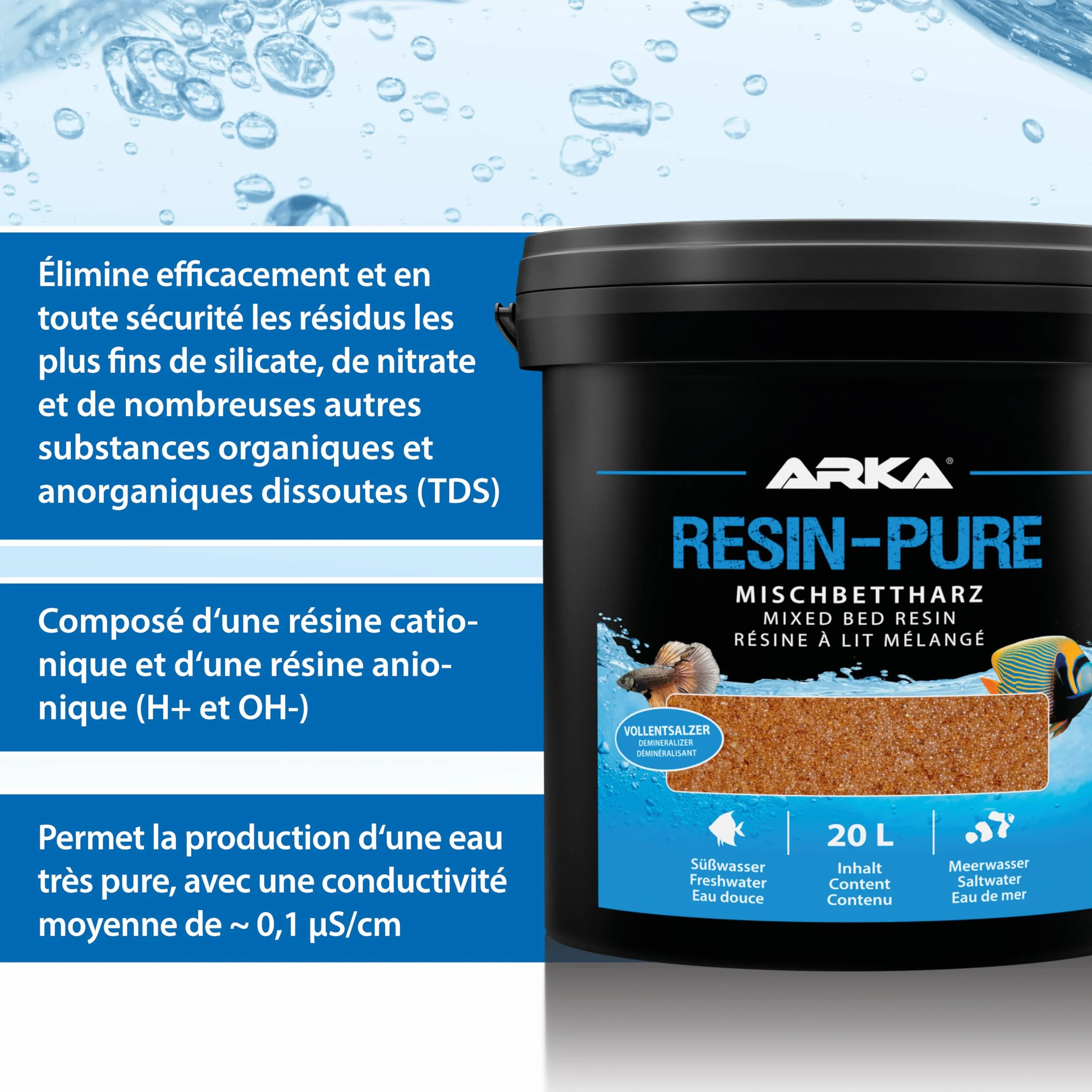 Résine échangeuse Aquarium – ARKA Resin-Pure 5 l – déioniseur pour Osmose Inverse – supprime 100 % TDS, silicates & nitrates – Eau Ultra Pure ~0,1 μS/cm – Filtre Recharge ionique