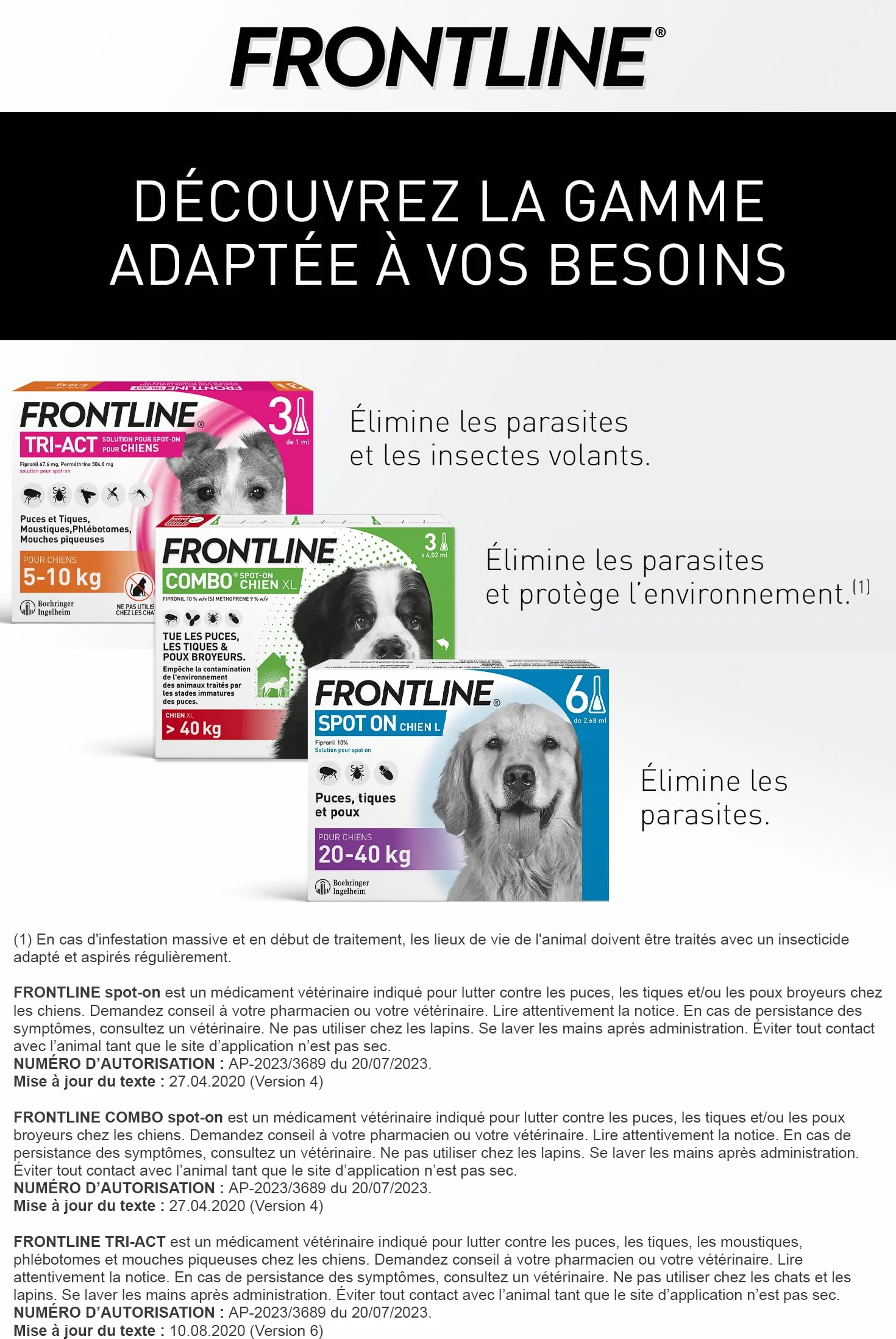 Frontline Spot on Chien Anti Puces Anti-Tiques 3 Pipettes 20-40 kg Fabriqué en France