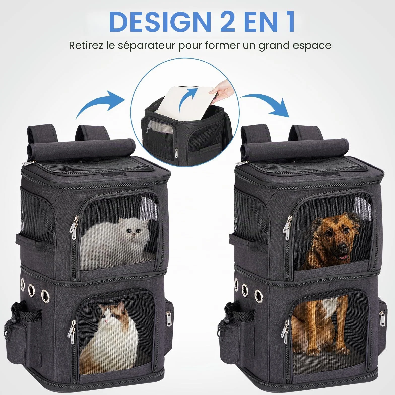 Sac à Dos pour 2 Chats 2-en-1 Double Compartiment Amovible Jusqu’à 12kg Pliable et Aéré Noir