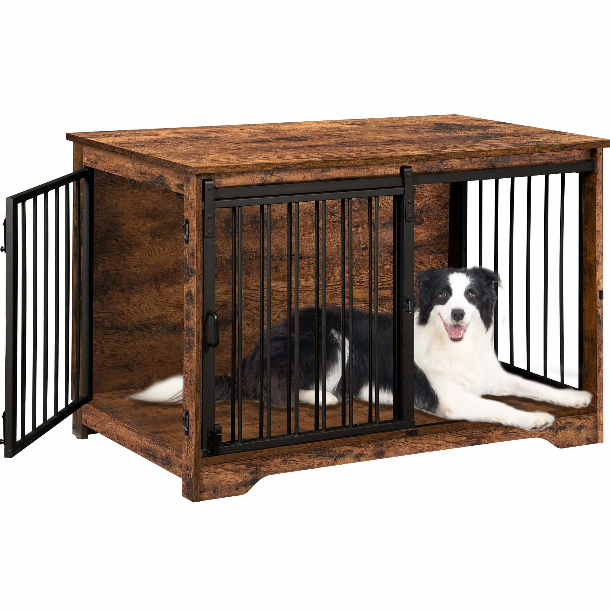 Hzuaneri Cage pour Chien 100 cm Meuble Cage Chien Interieur avec Porte Coulissante 2 Portes Niche Moderne Marron Rustique