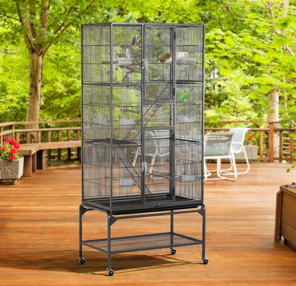 Yaheetech Grande Cage à Oiseaux, volière à 3 Niveaux, pour perruches, perroquets, calopsittes, Chinchillas, rongeurs, Rats et Rats Noir Hauteur 176 cm