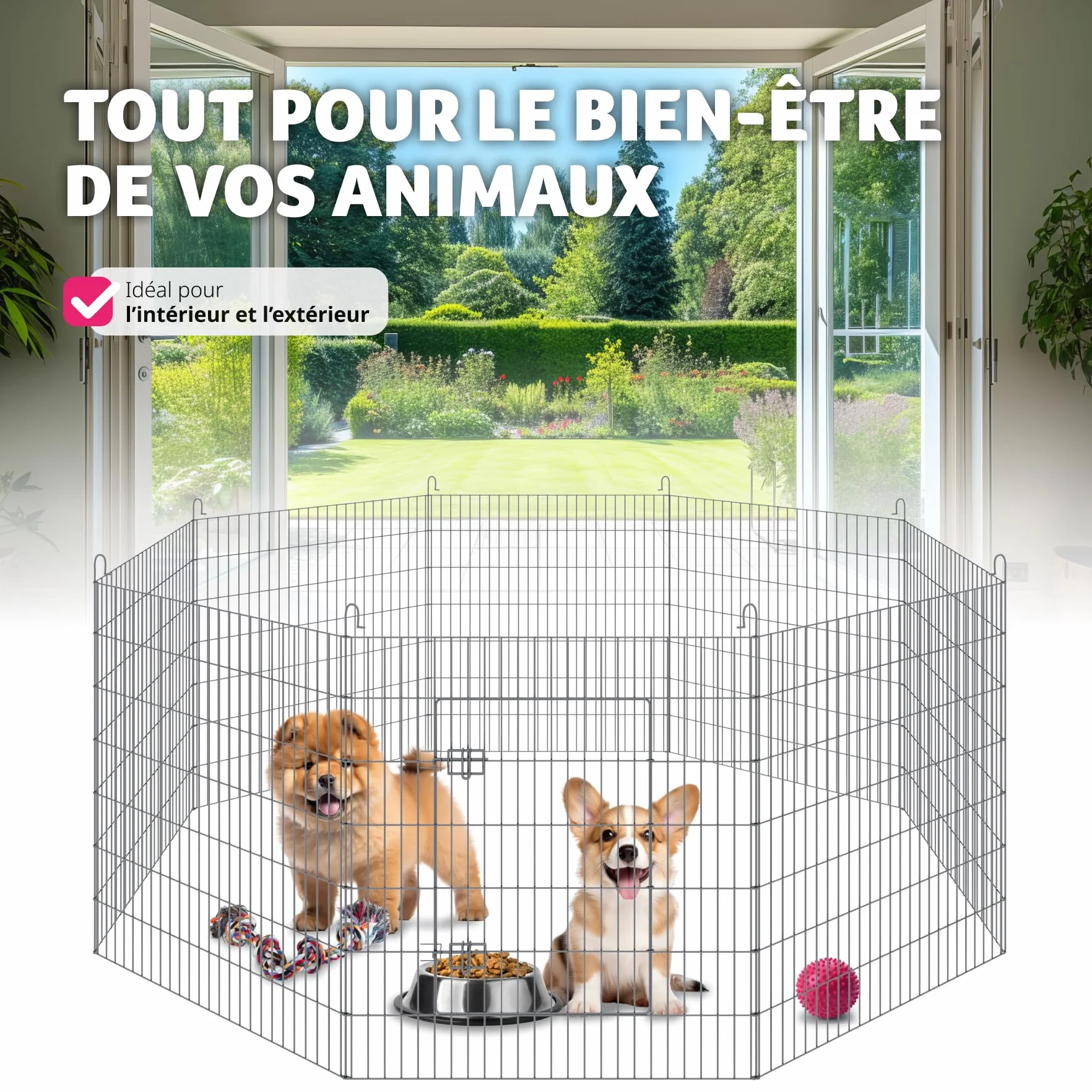 Tectake Parc pour Chien 8 pièces Grille, Porte Sécurité Double Fermeture, Clôture Extensible 204x204x93 cm