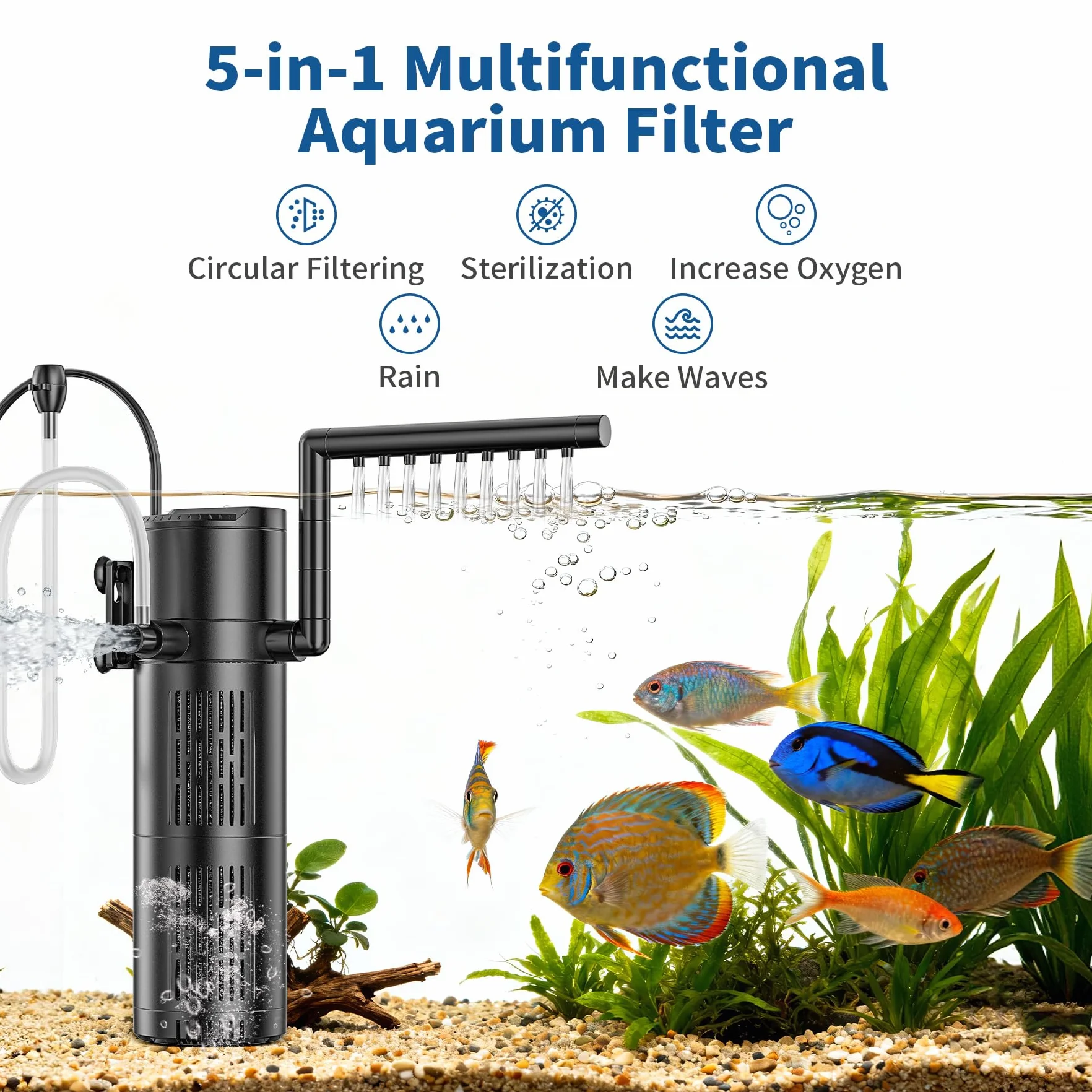 Filtre Intérieur Aquarium Pompe 5-en-1 avec Stérilisateur UV 6W, Réglable 40-1500L (8W 500L/H)