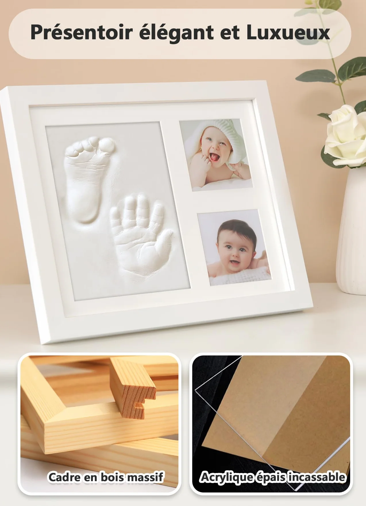 Cadre Empreintes Bébé Kit Empreinte Pieds et Mains Personnalisé Cadeau Nouveau Né Naissance Blanc