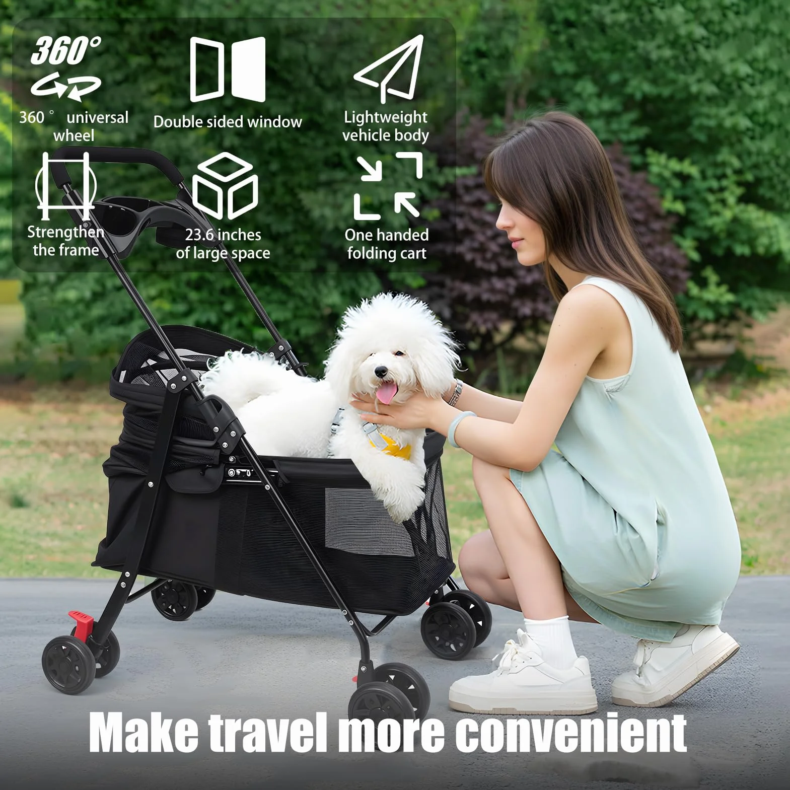 Poussette pour chats et chiens pliable 4 roues avec porte-gobelet fenêtre maille bleu