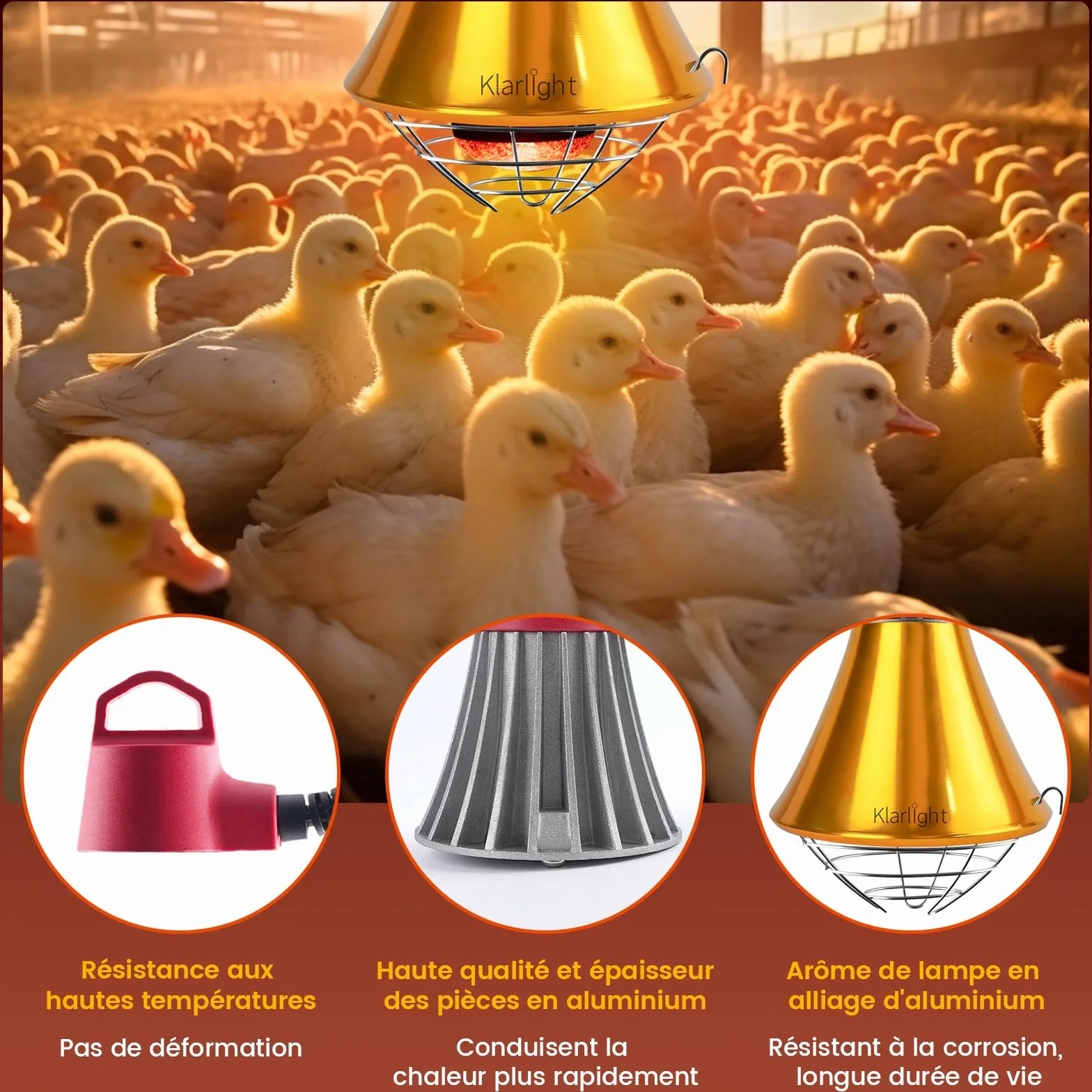 Klarlight Chauffante Infrarouge Dimmable 275W avec Grille de Protection, Câble 2m pour Poulailler Poussins Cochons (Sans Ampoule)