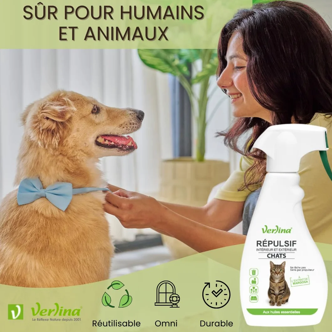 Répulsif Chats Intérieur Extérieur 500 ML Spray Naturel Huiles Essentielles Margosa Géraniol Protection 10 m²