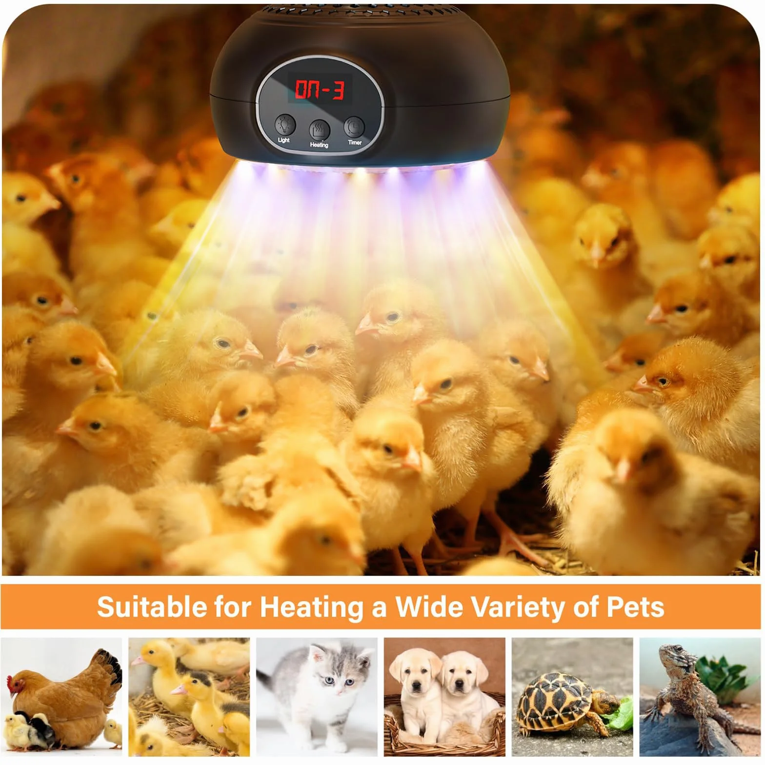 Lampes Chauffantes pour Poulaillers 200 W 350 W 500 W avec Lumière UVA/UVB Timer 3-6-9-12H Portable