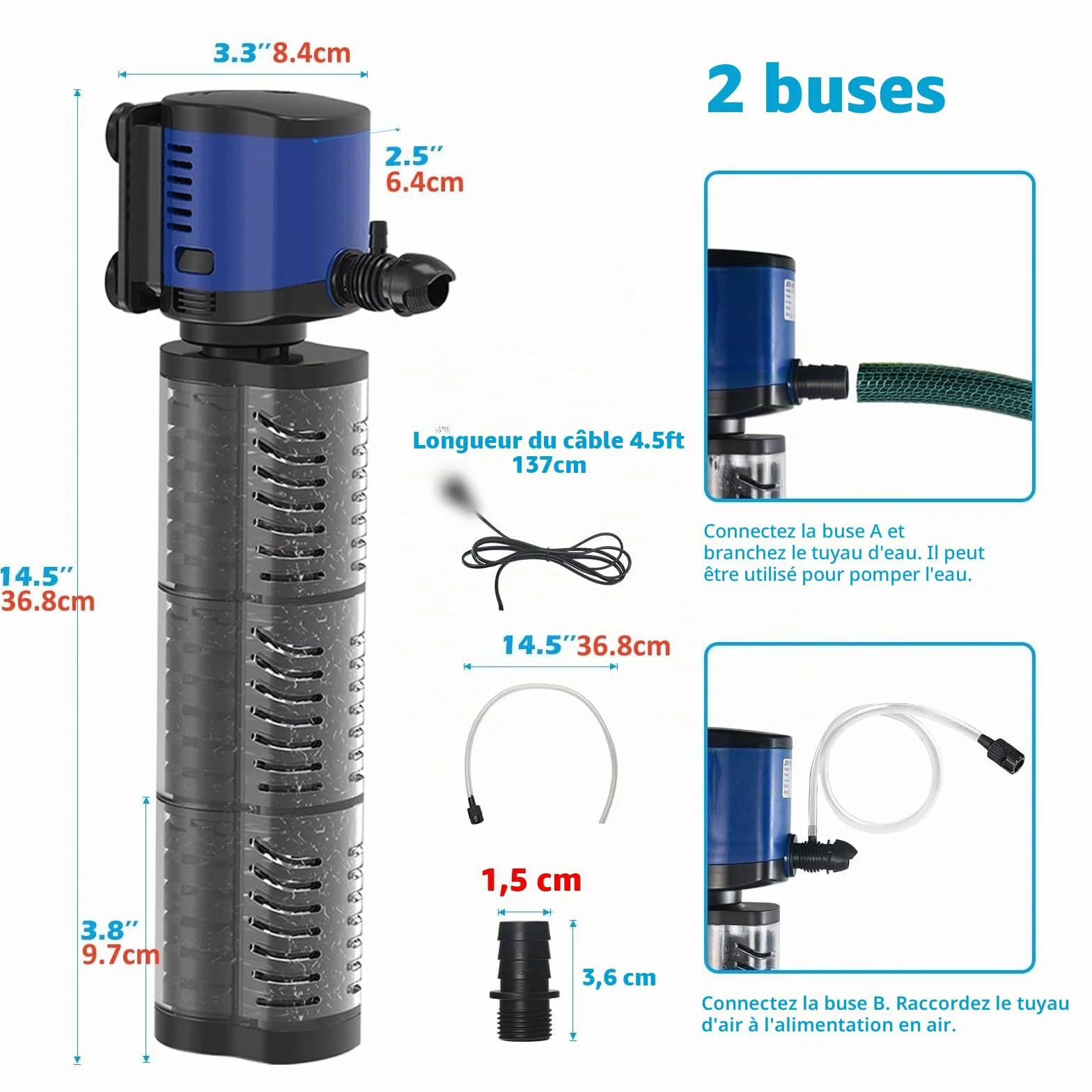 Pompe submersible 4 en 1 Filtre d'aquarium 1500 l/h pour 300-750 litres