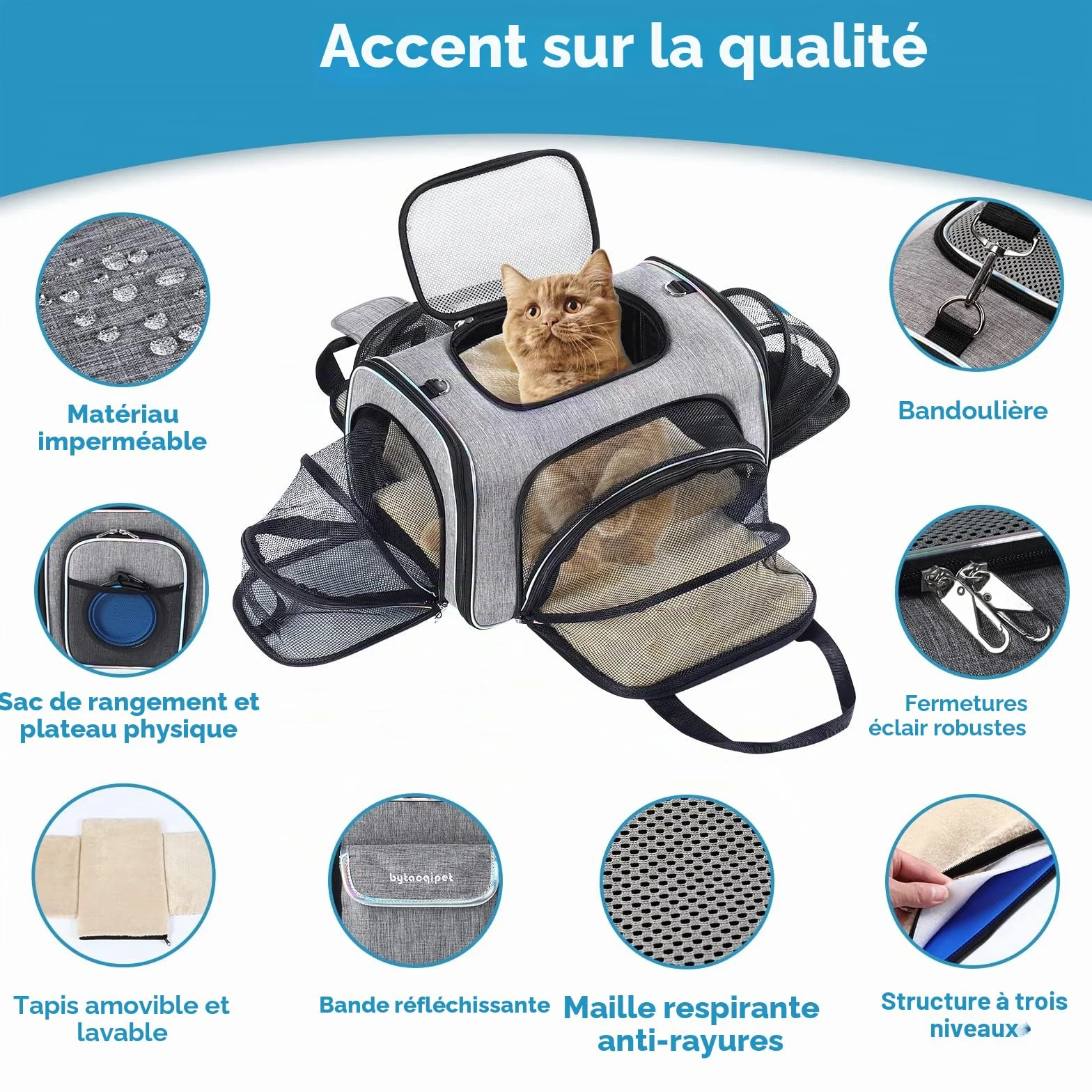 Sac de Transport pour Chat Extensible 4 Côtés, Approuvé Compagnie Aérienne, 45x28x28cm, Pliant