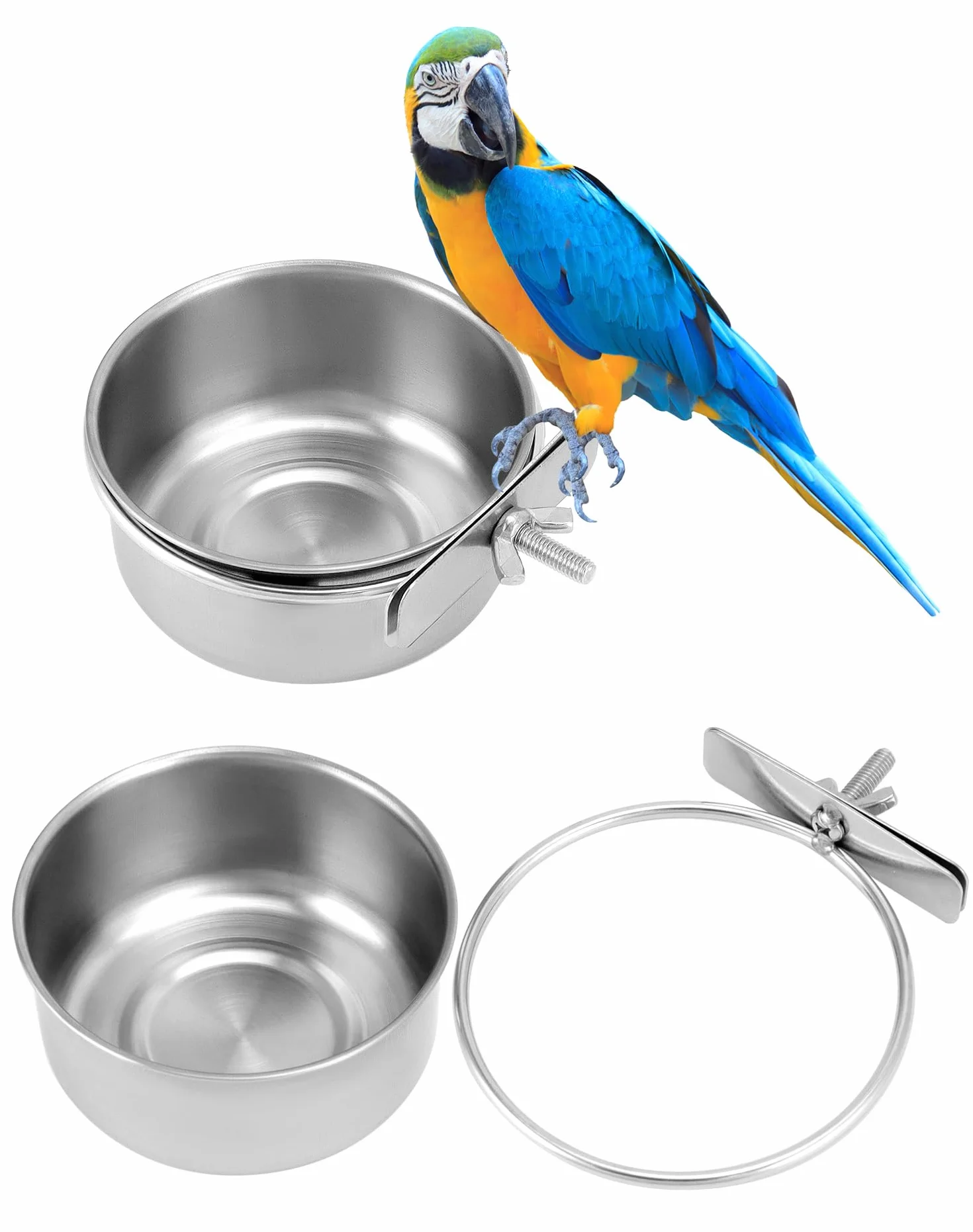 QWORK Lot de 2 Gamelles à Oiseaux en Acier Inoxydable à Suspendre, Accessoires pour Cage à Oiseaux (10 x 4,5 cm)