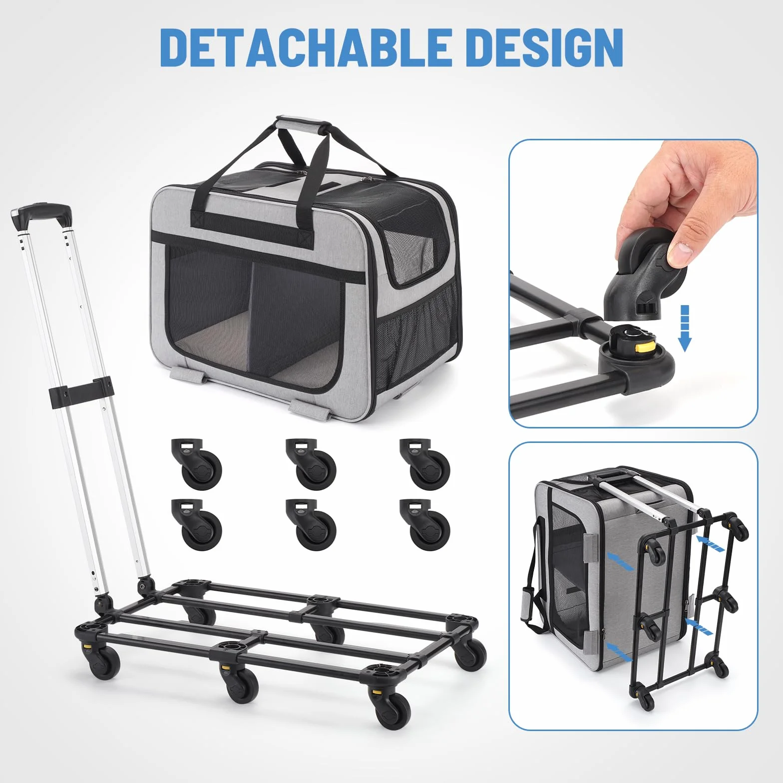 Sac de Transport pour Chats 20kg Double Compartiment Séparateur Amovible Roulettes Poignée Gris XL