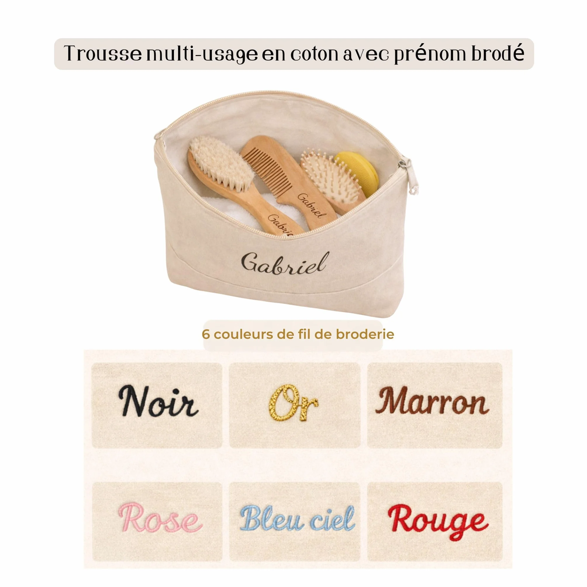 Brosses & Peigne bébé personnalisés Prénom Gravé Trousse de toilette bébé Prénom Brodé Ensemble 5 pièces