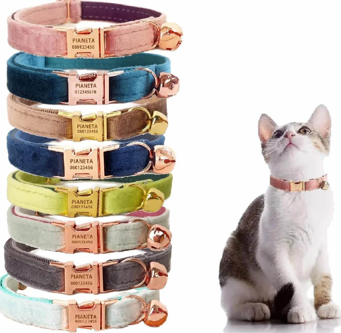 Collier Personnalisé pour Chat avec Gravure Nom Téléphone, Tissu Velours Doux, Boucle Métal Sécurisée, Bleu Marine, L 20-32cm