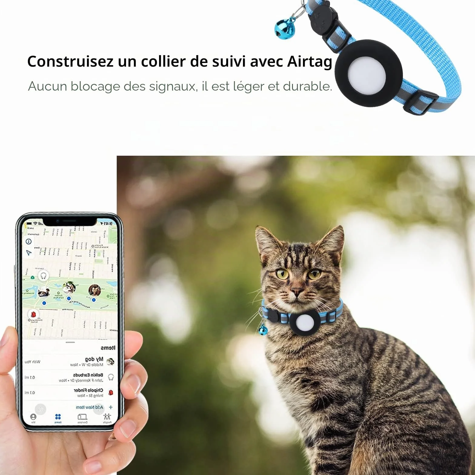 Lot de 2 Colliers de Protection étanches pour Chat Compatible avec Apple Airtag - Noir