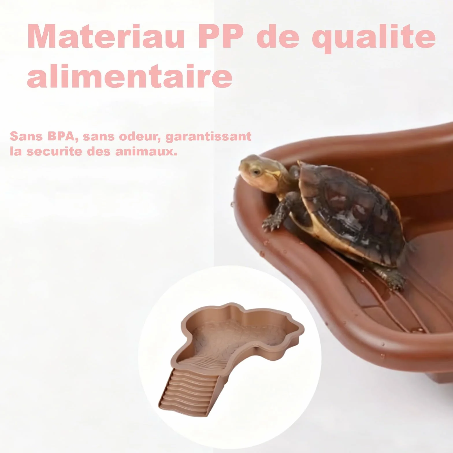 Abreuvoir Tortue Terrestre 35x28.5x4.3cm Piscine avec Rampe Détachable pour Tortues Lézards Gecko Amphibien Rouge Brun